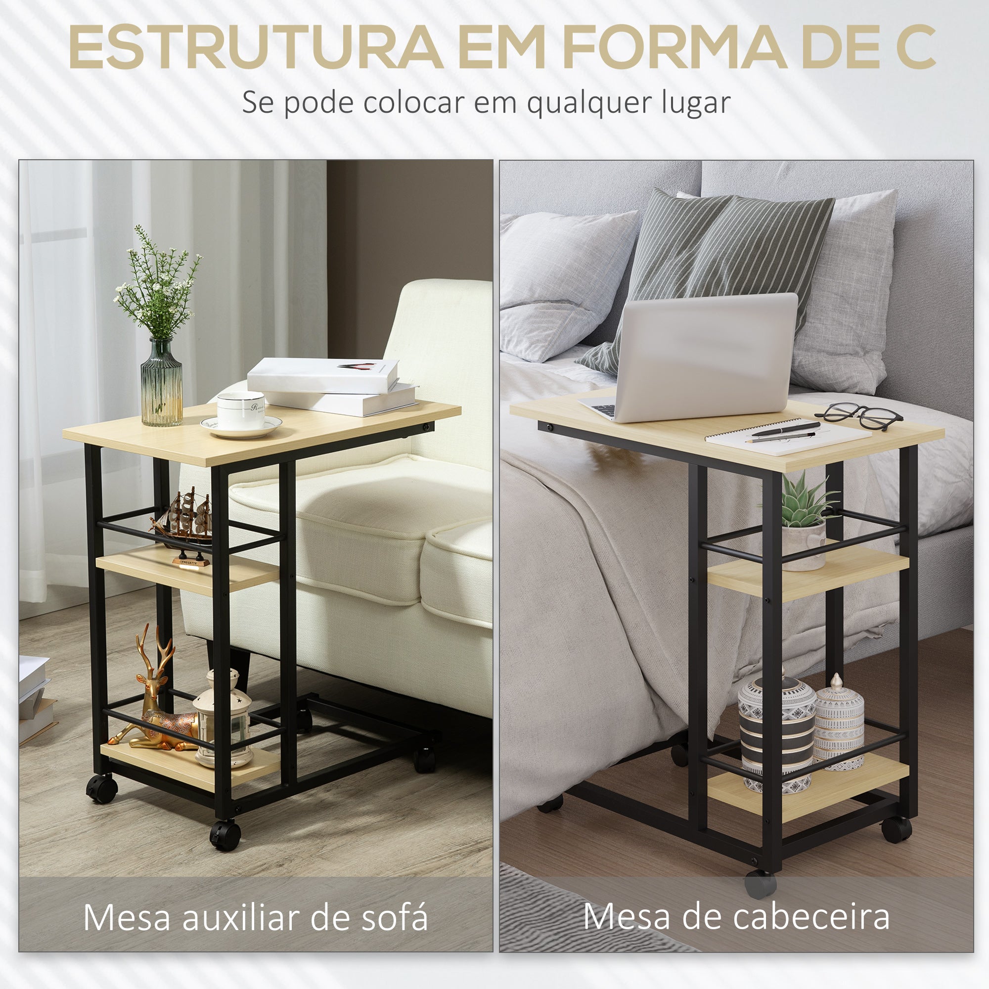 Mesa Auxiliar com Rodas – 60x34.5x64.5cm – Bege – Madeira melamina e metal