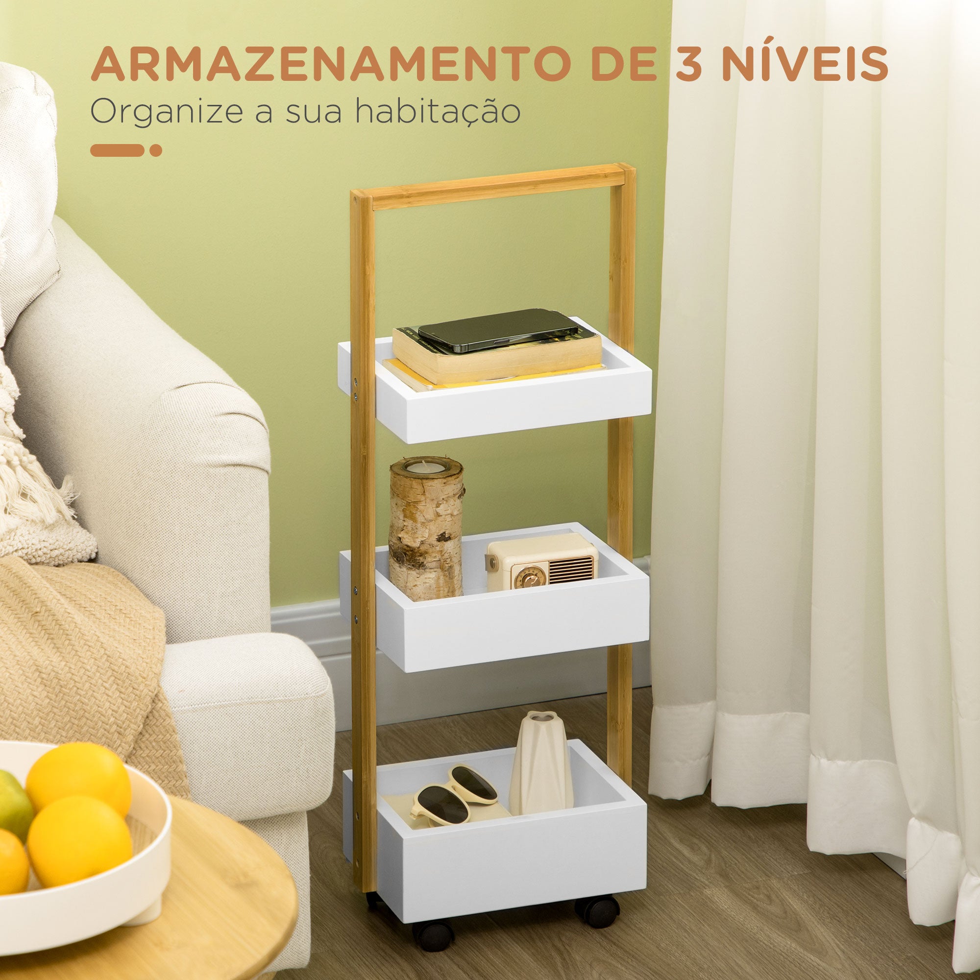 Carrinho Auxiliar de Armazenamento em Bambu com 3 Cestos – 28x18x75 cm – Branco e Madeira