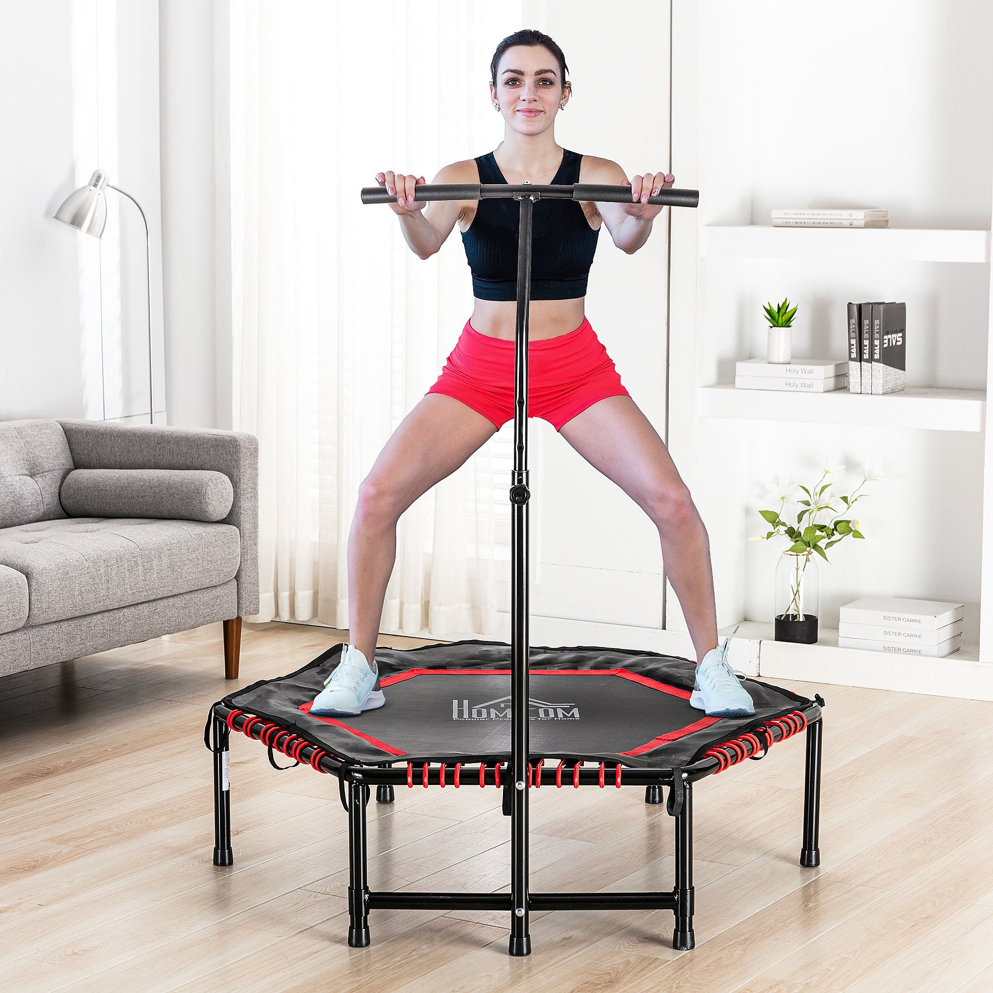 Trampolim Fitness Ø122 Vermelho e Preto com Guiador Ajustável