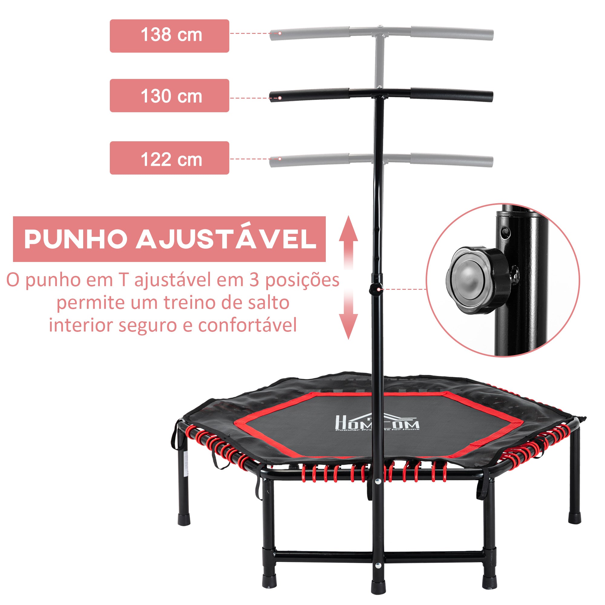 Trampolim Fitness Ø122 Vermelho e Preto com Guiador Ajustável