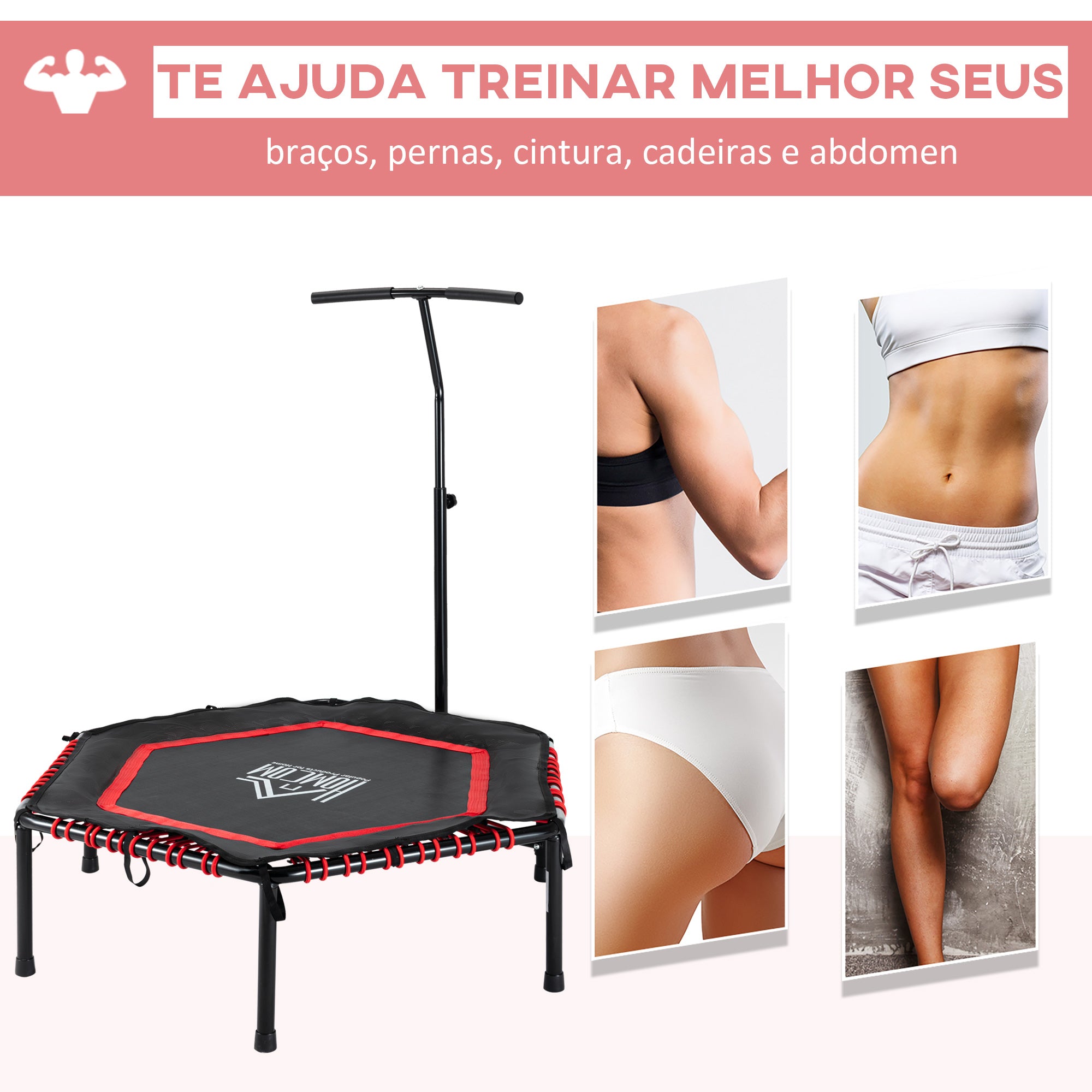 Trampolim Fitness Ø122 Vermelho e Preto com Guiador Ajustável