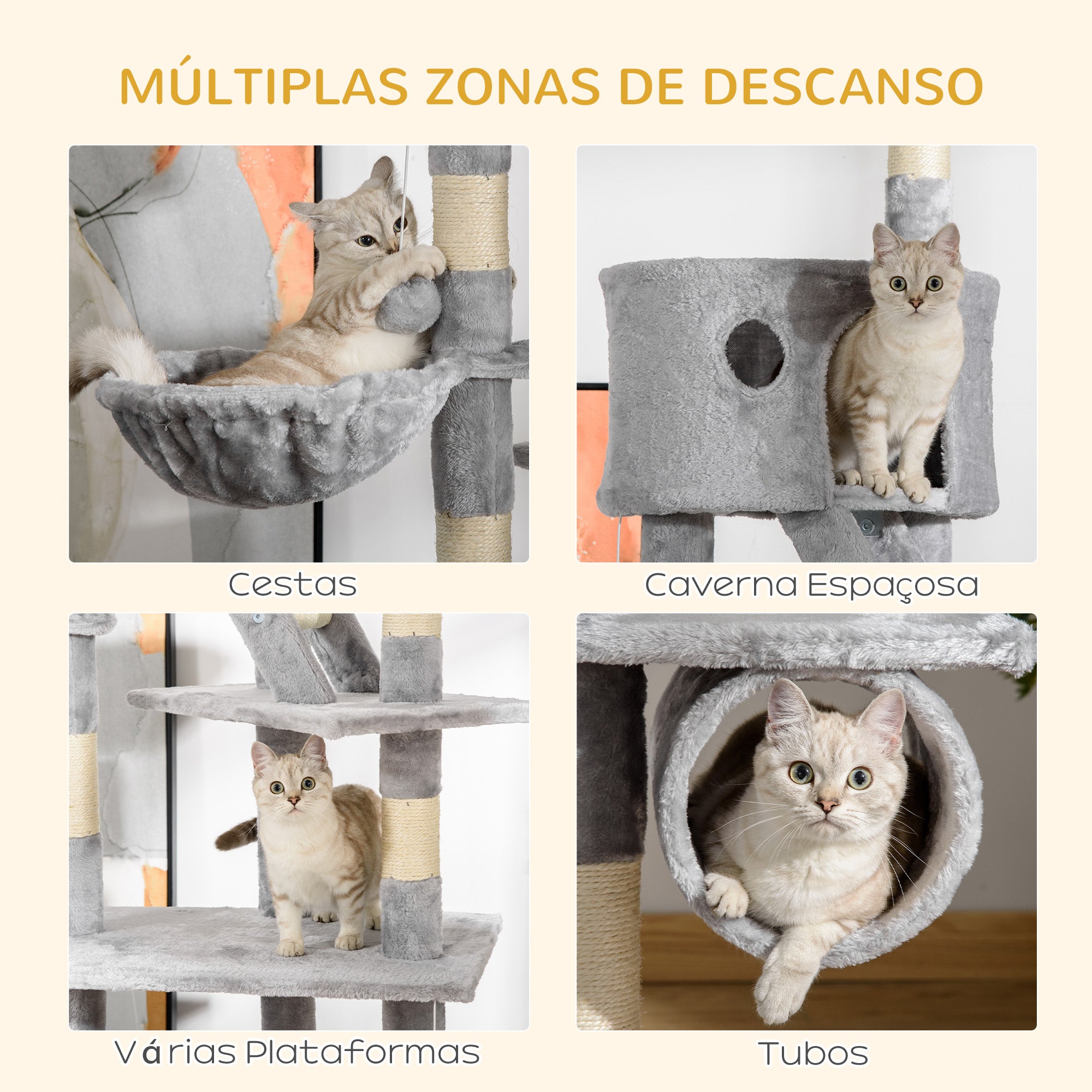 Arranhador para Gatos Cinzento de 60x45x260 cm - Altura Ajustável - Múltiplas Plataformas e Rampas
