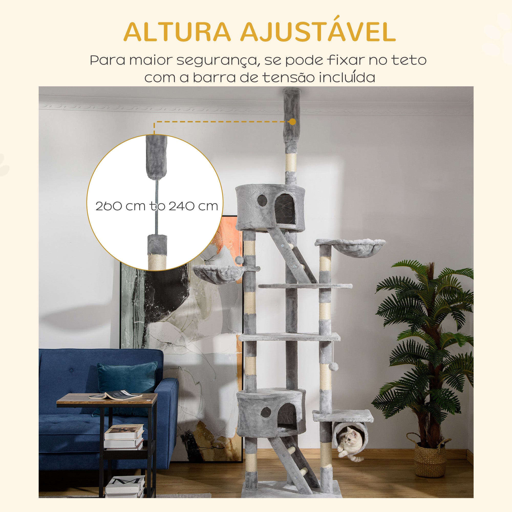 Arranhador para Gatos Cinzento de 60x45x260 cm - Altura Ajustável - Múltiplas Plataformas e Rampas