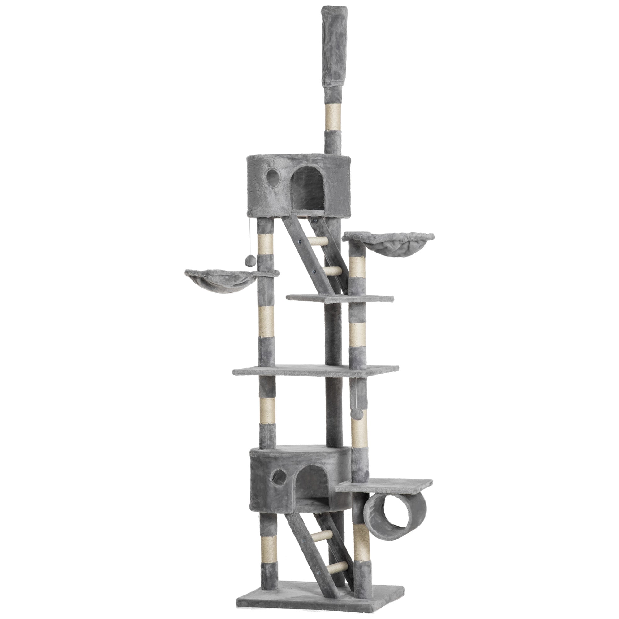 Arranhador para Gatos Cinzento de 60x45x260 cm - Altura Ajustável - Múltiplas Plataformas e Rampas