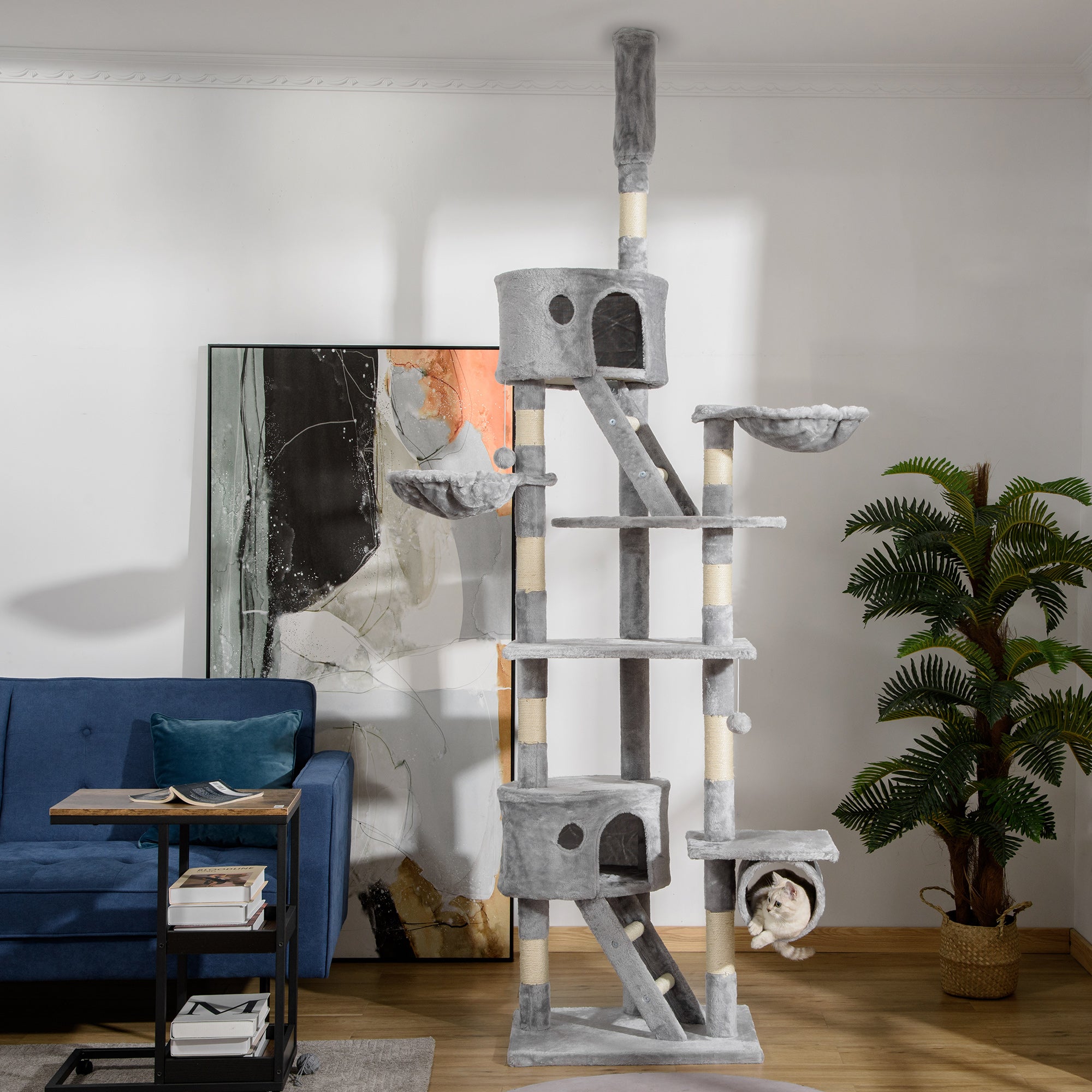 Arranhador para Gatos Cinzento de 60x45x260 cm - Altura Ajustável - Múltiplas Plataformas e Rampas