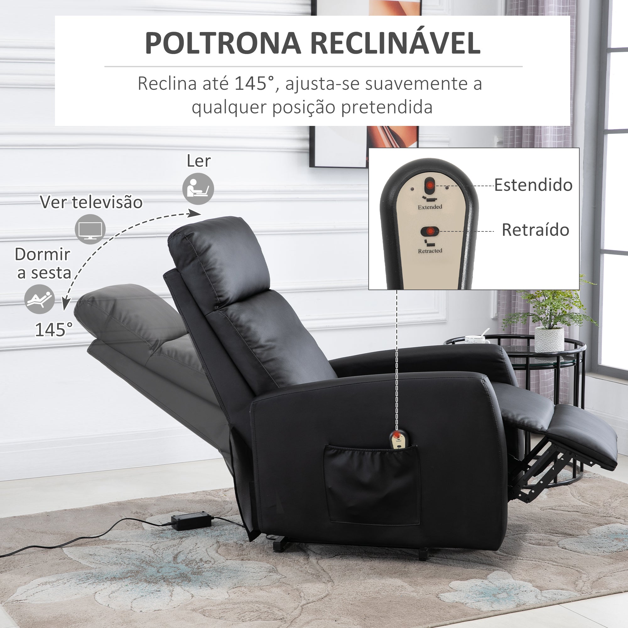 Poltrona Relax Levanta Pessoas Reclinável 145° Preto 67x95x105 cm