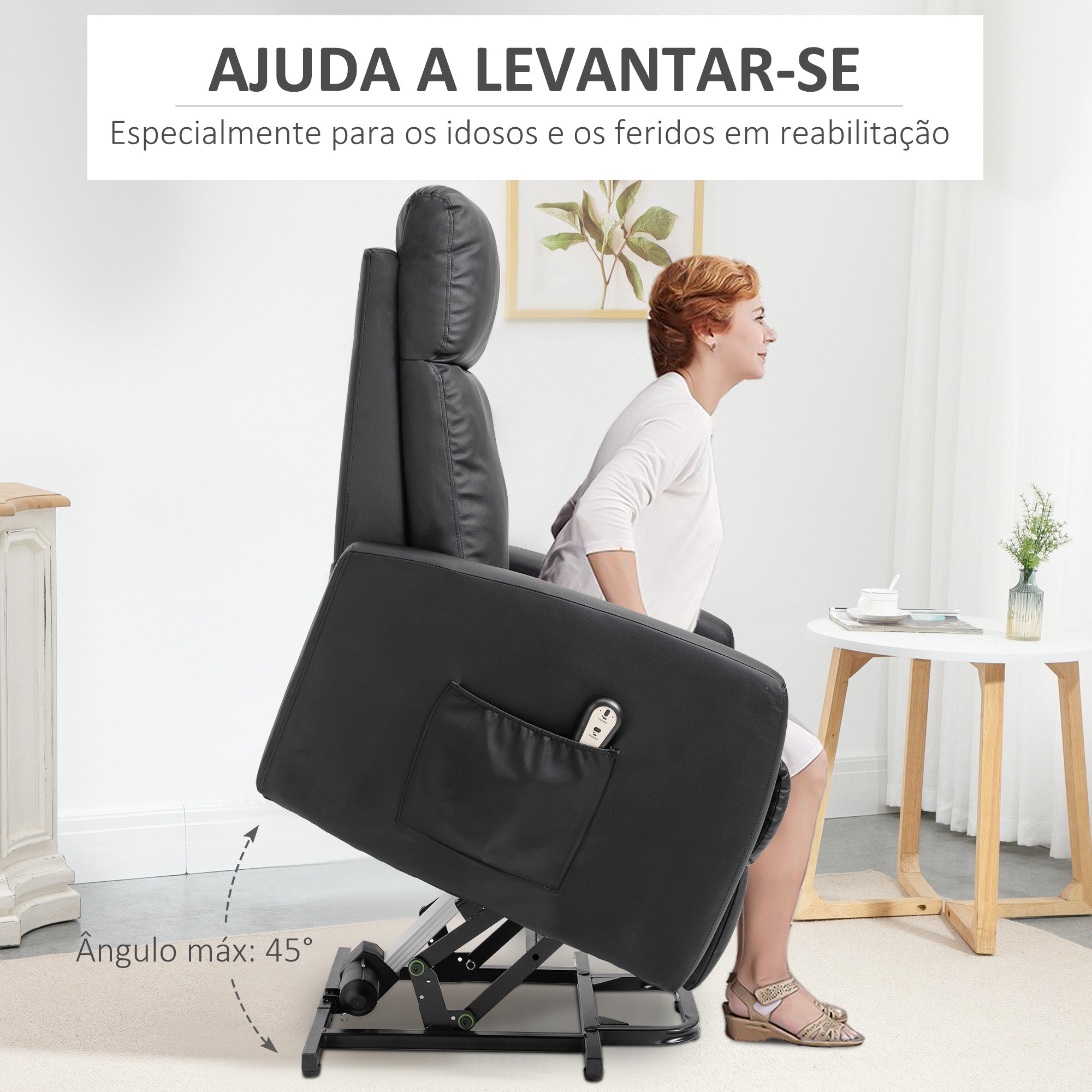 Poltrona Relax Levanta Pessoas Reclinável 145° Preto 67x95x105 cm