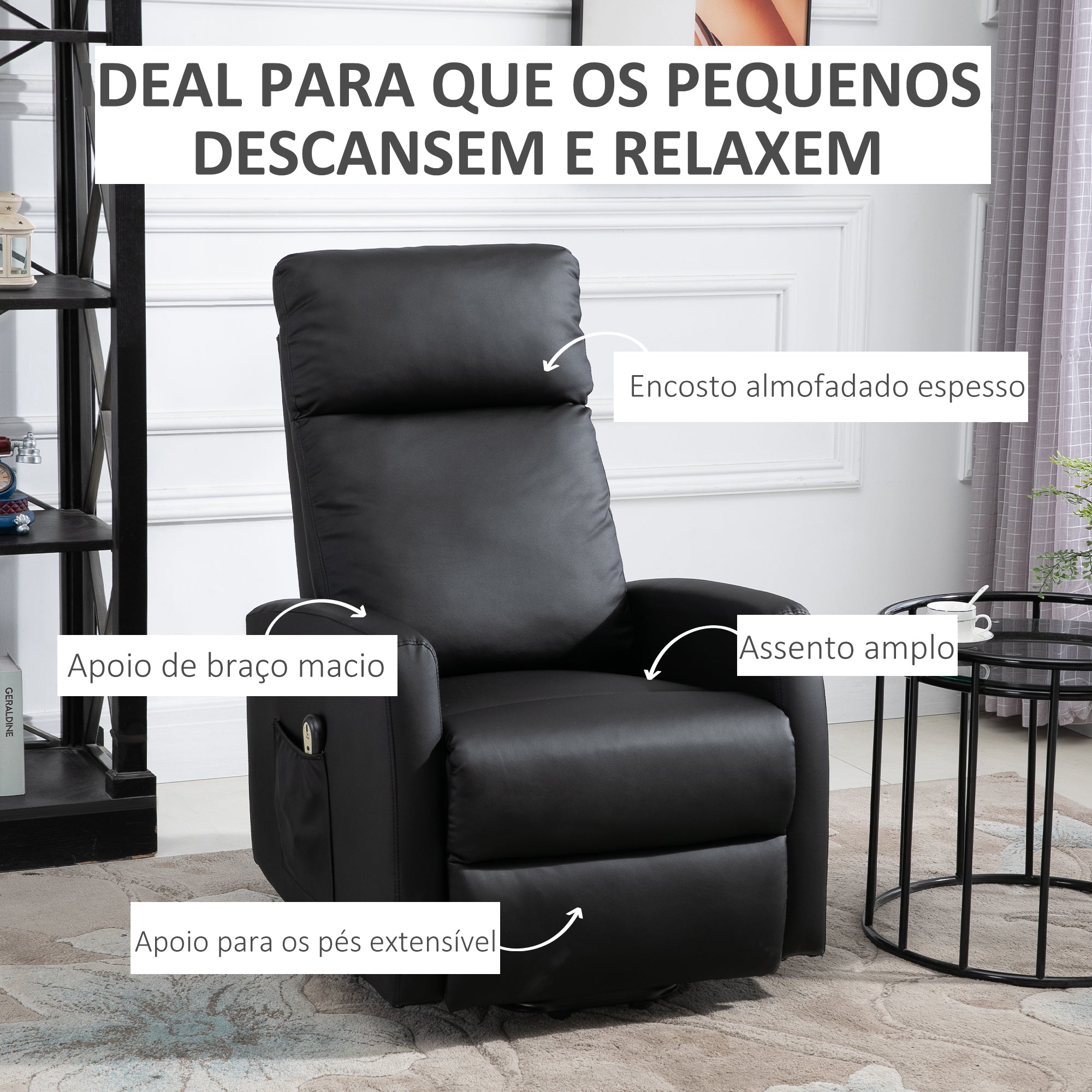 Poltrona Relax Levanta Pessoas Reclinável 145° Preto 67x95x105 cm