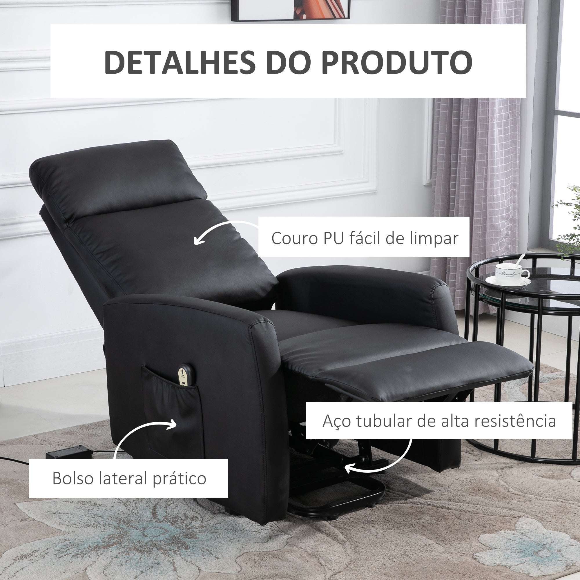 Poltrona Relax Levanta Pessoas Reclinável 145° Preto 67x95x105 cm