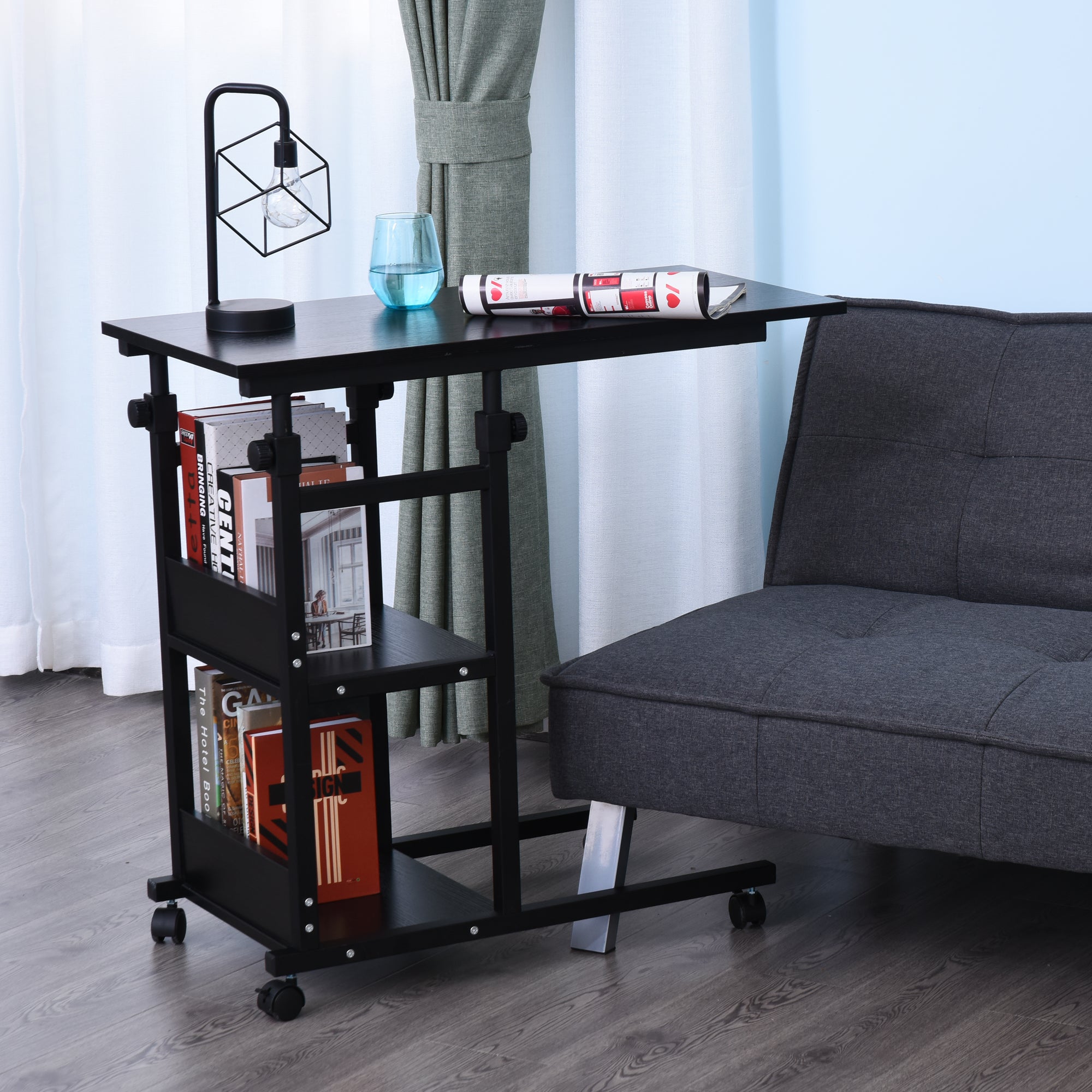 Mesa Lateral Forma de C com Rodas Giratórias, Altura Ajustável 80x40x72-82cm Preto