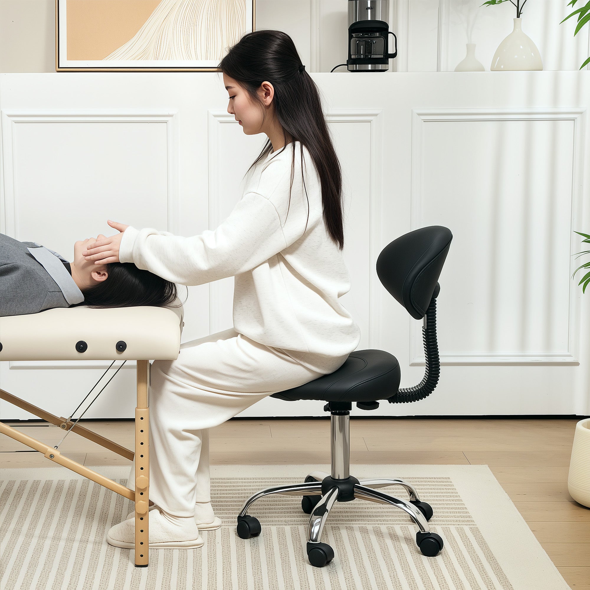 Banco Giratório com Rodas e Encosto Amovível – 50x50x83-98 cm – Preto – Couro sintético