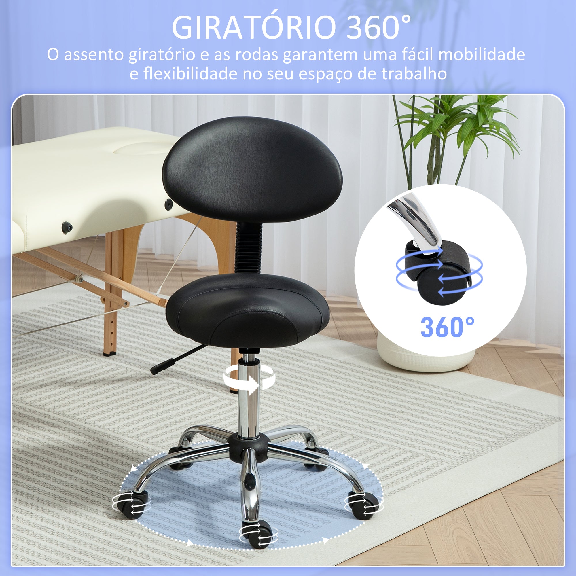 Banco Giratório com Rodas e Encosto Amovível – 50x50x83-98 cm – Preto – Couro sintético