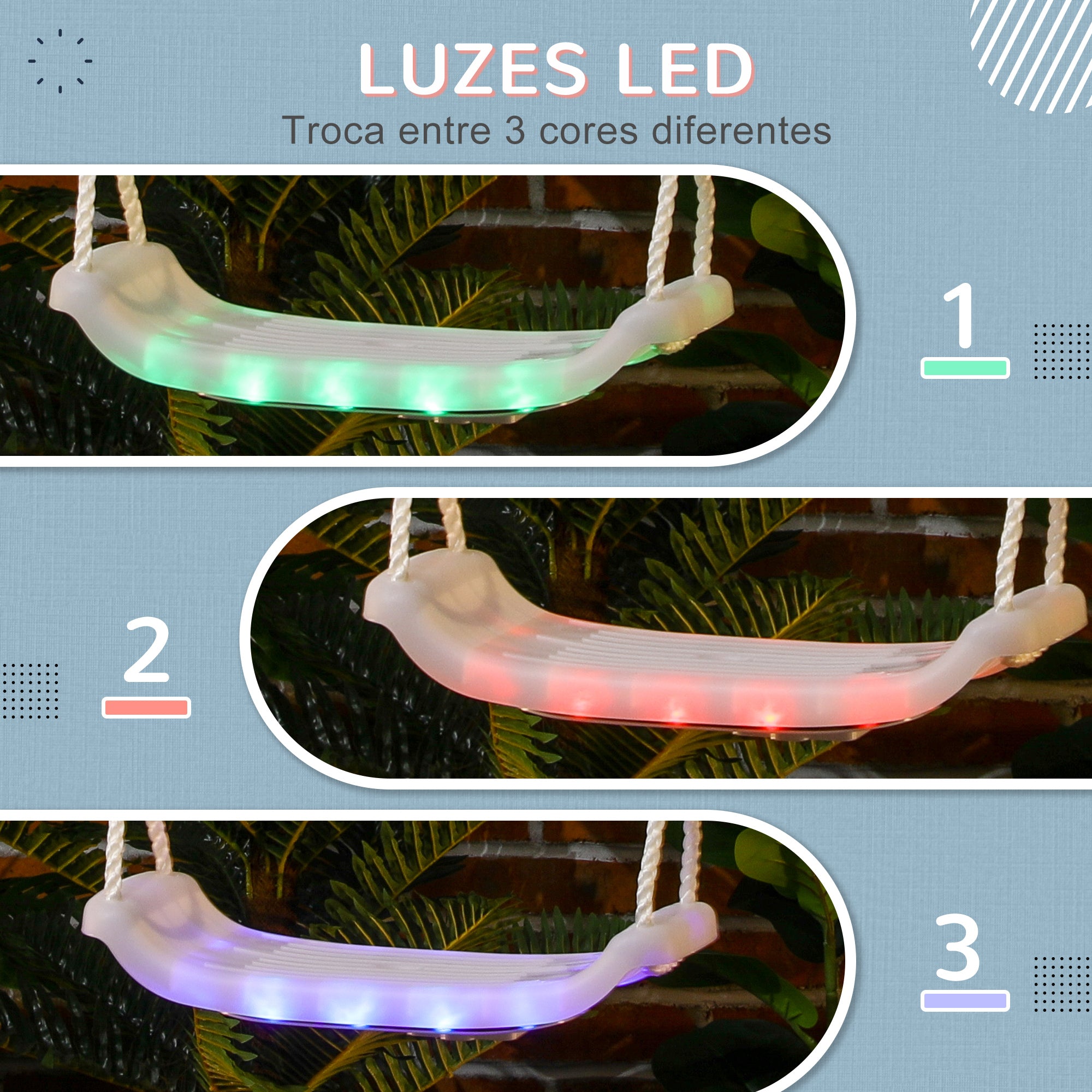 Baloiço Infantil com Luzes LED e Assento Ajustável 39x16,5x120-180 cm Branco