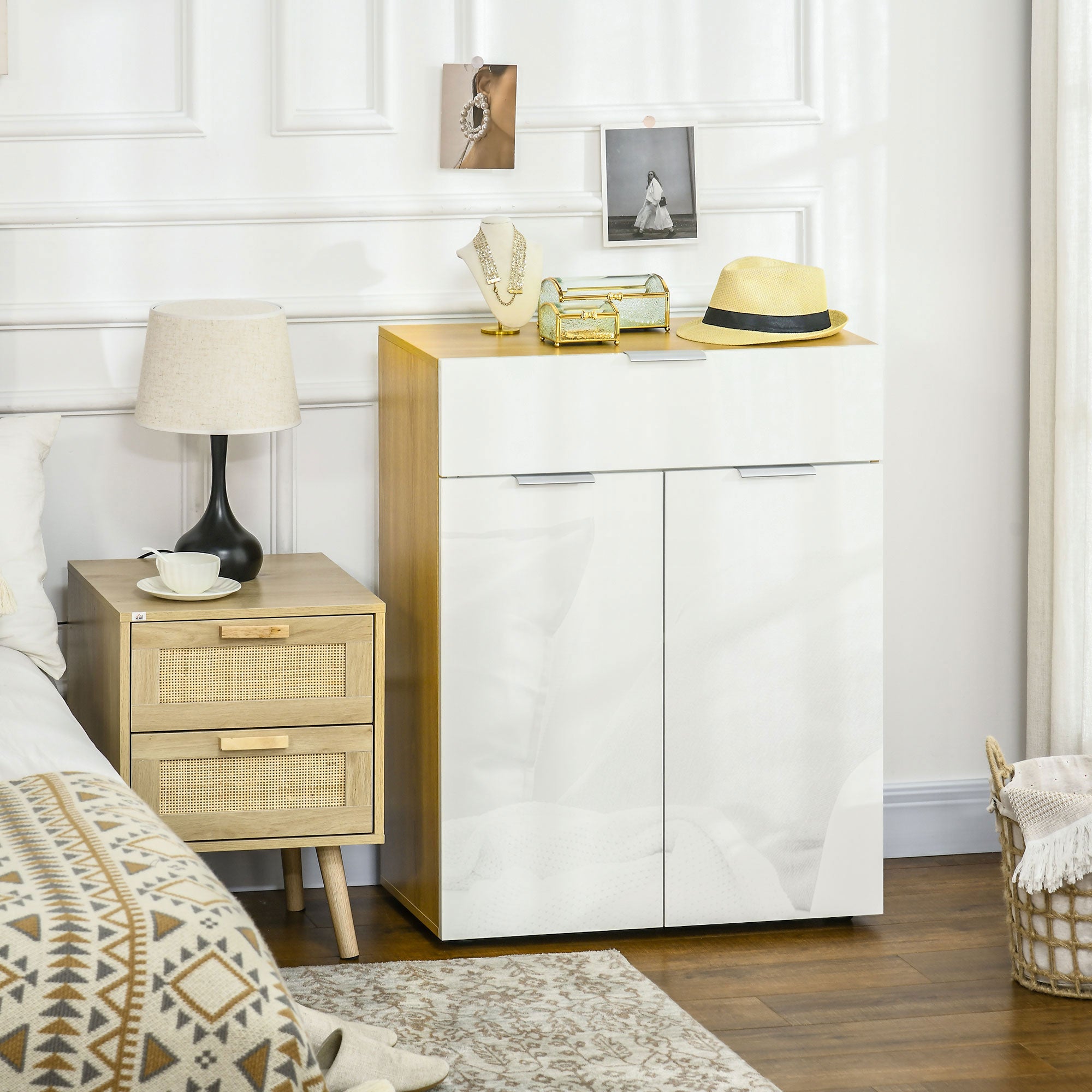 Aparador Multiusos de Alto Brilho 70x35x92 cm - Branco e Madeira