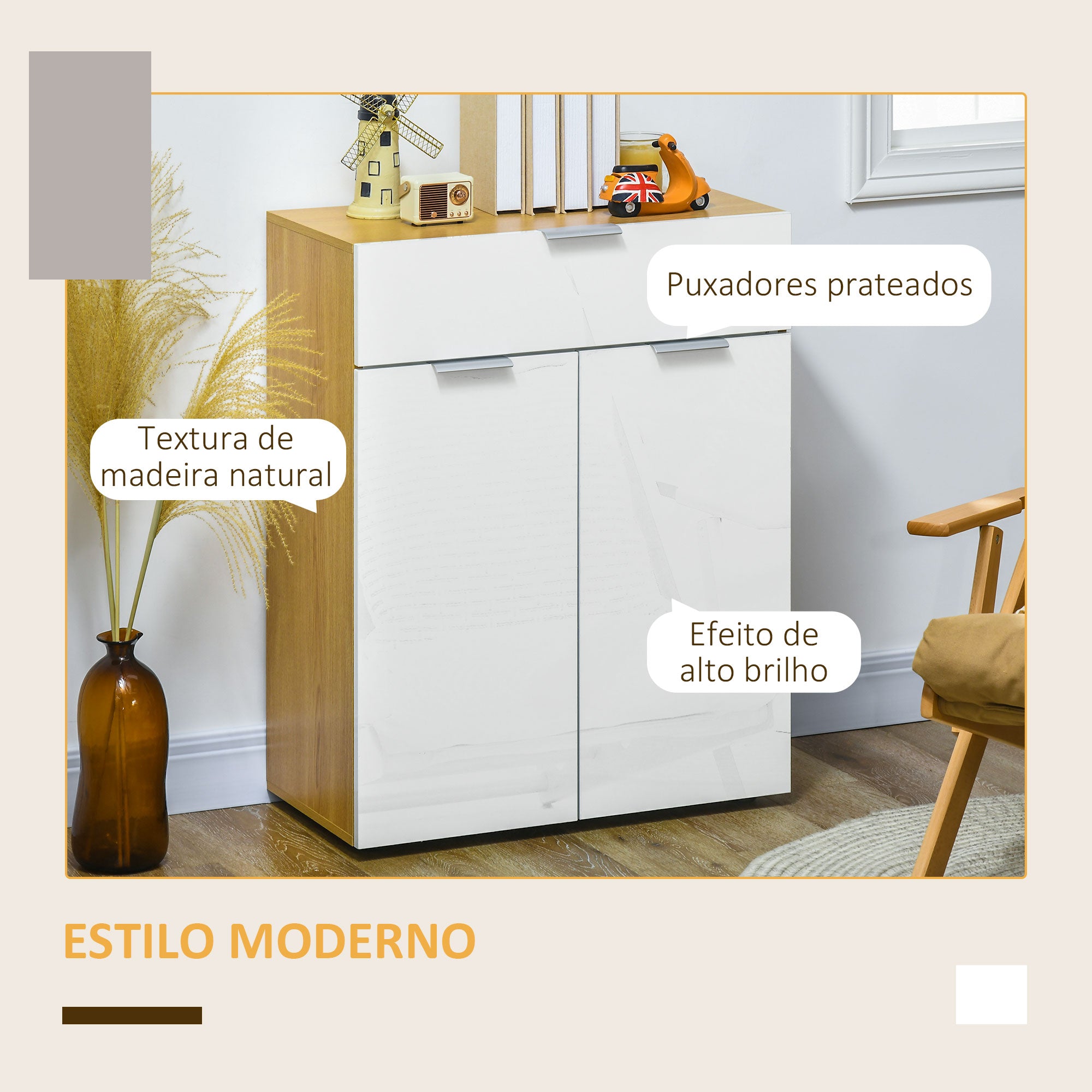 Aparador Multiusos de Alto Brilho 70x35x92 cm - Branco e Madeira