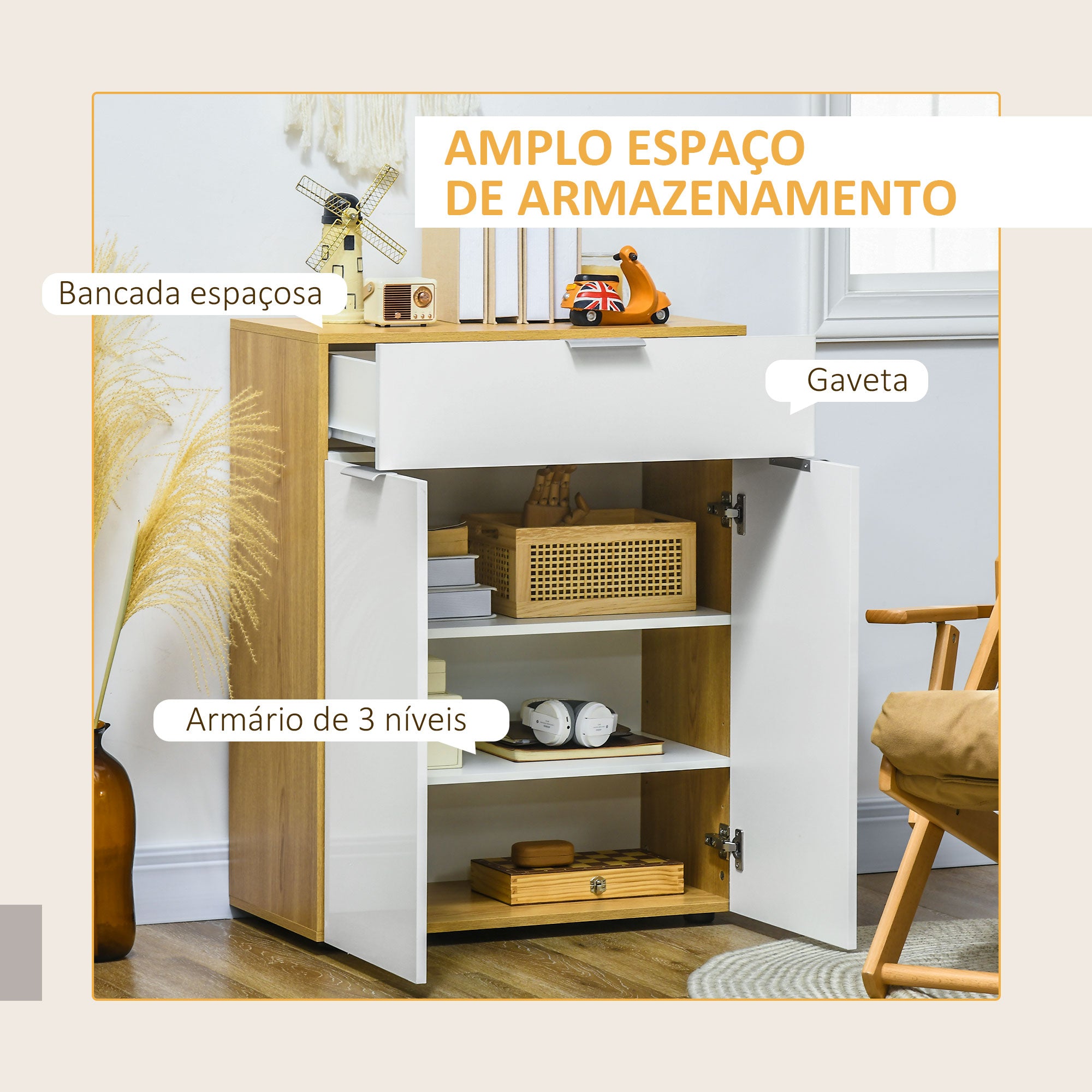 Aparador Multiusos de Alto Brilho 70x35x92 cm - Branco e Madeira