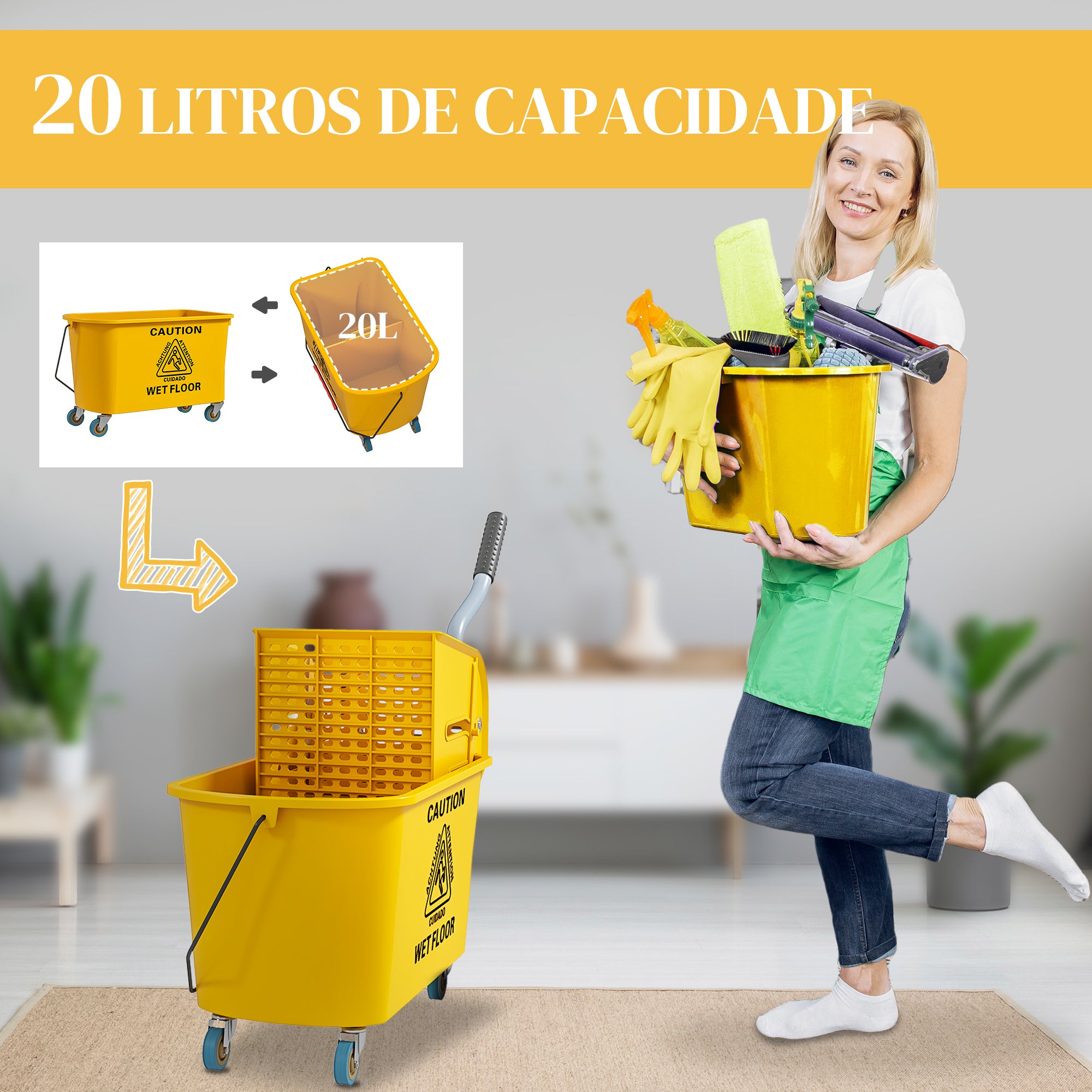 Balde de Limpeza com Esfregona e Rodas 20 L Amarelo 45x26,5x70 cm