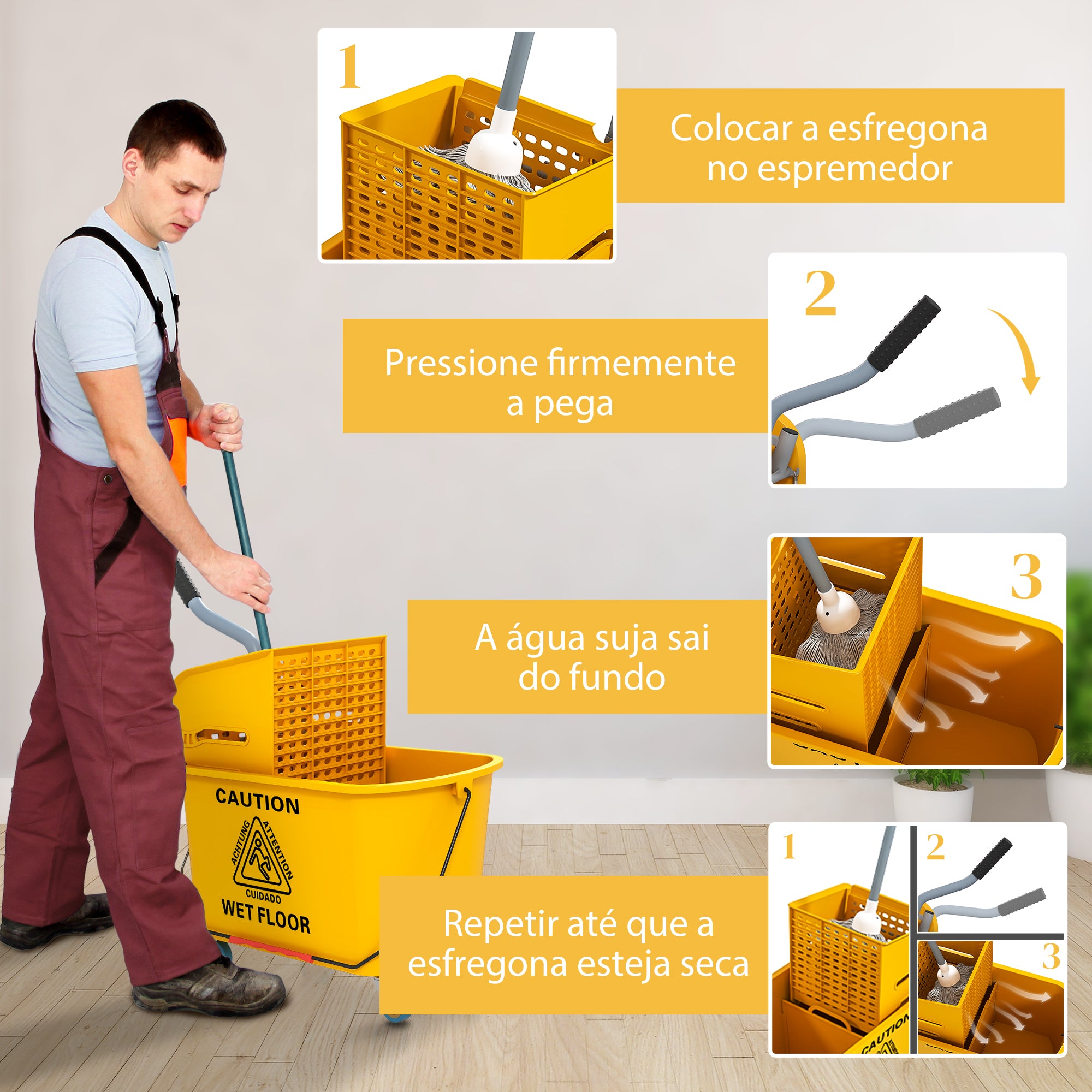 Balde de Limpeza com Esfregona e Rodas 20 L Amarelo 45x26,5x70 cm