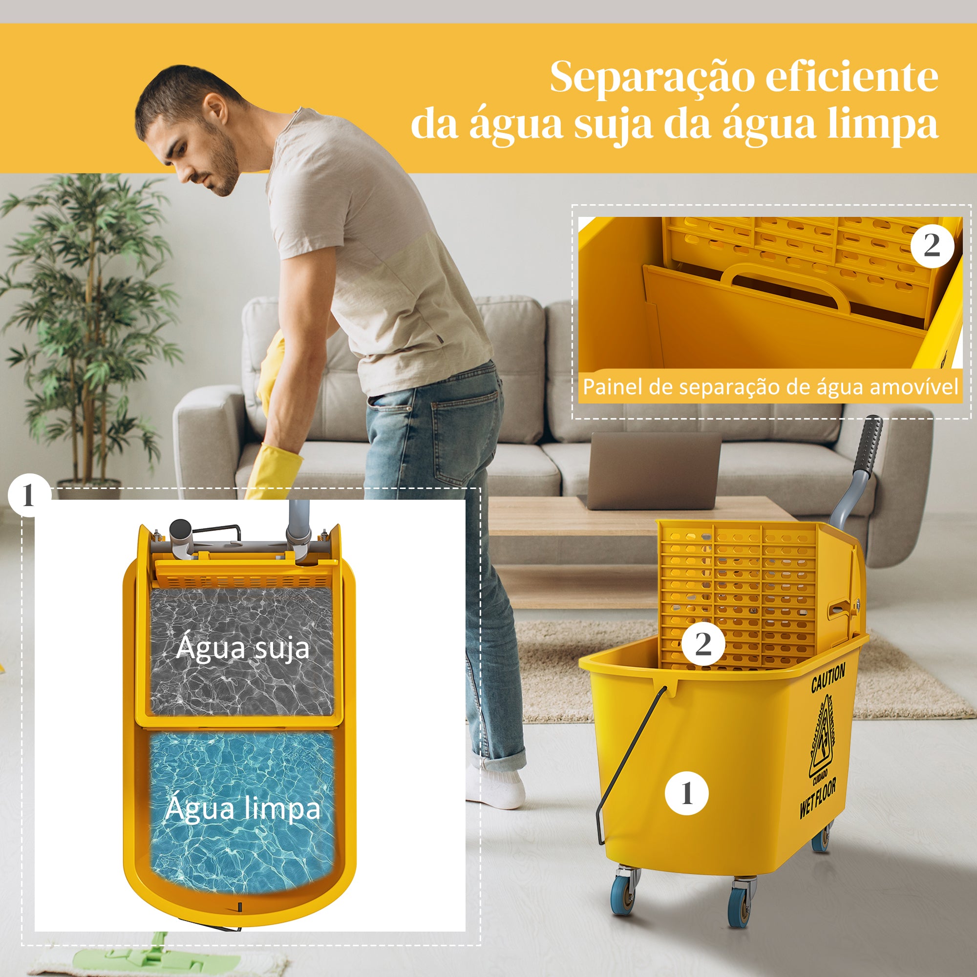 Balde de Limpeza com Esfregona e Rodas 20 L Amarelo 45x26,5x70 cm