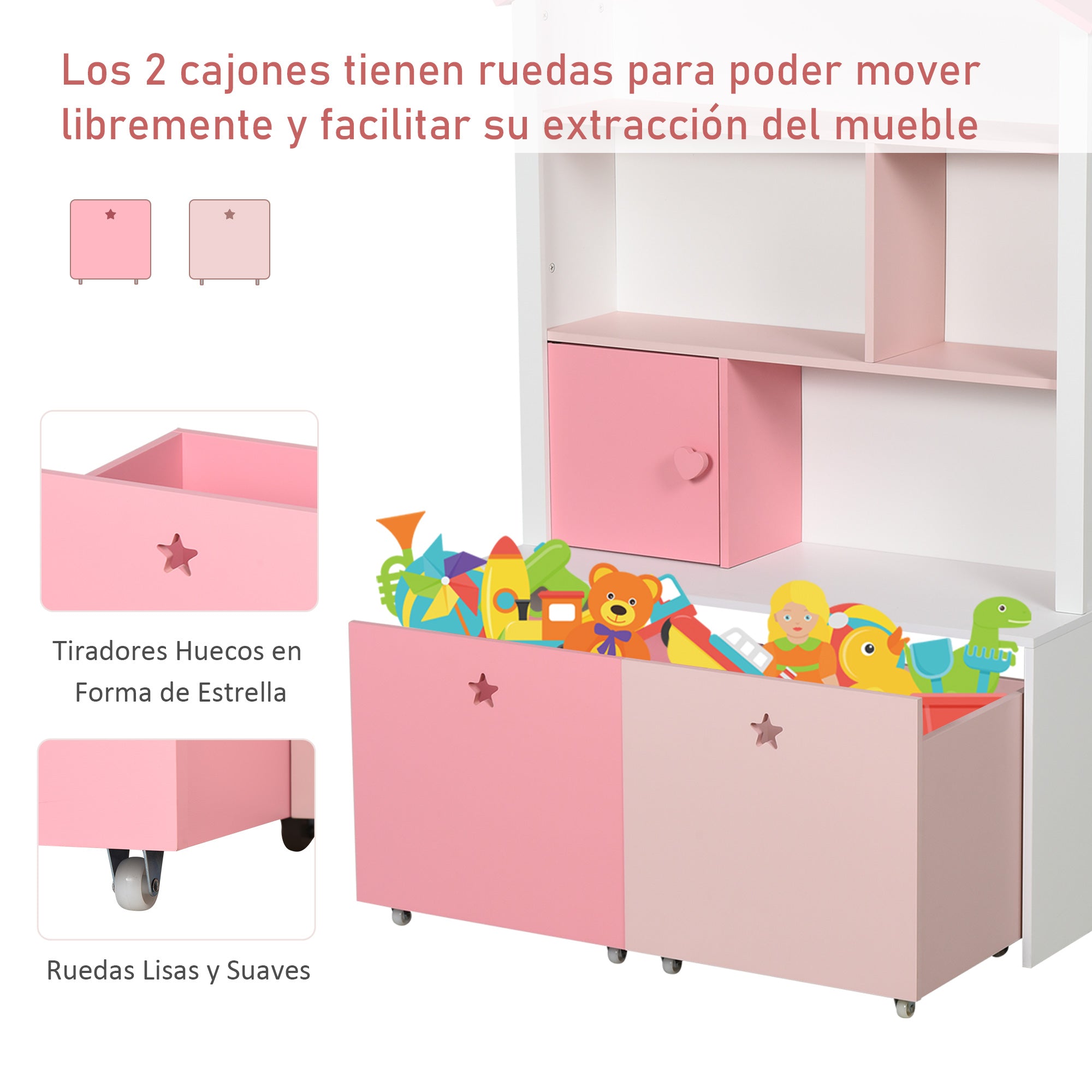 Estante Infantil de Madeira com 4 Compartimentos, 1 Porta e 2 Gavetas - 80x34x130cm - Rosa e Branco
