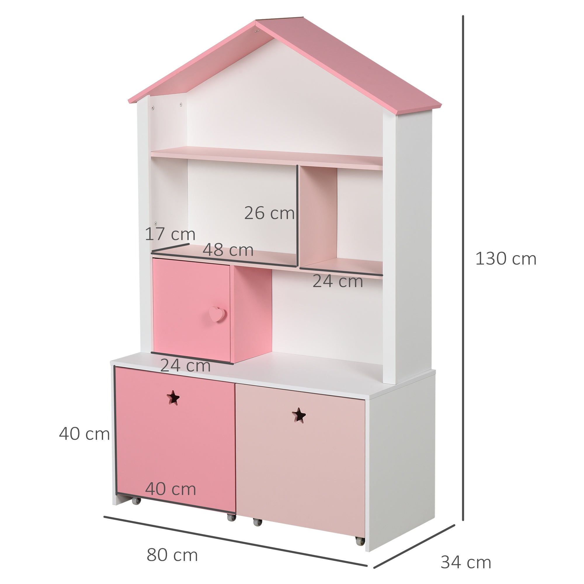 Estante Infantil de Madeira com 4 Compartimentos, 1 Porta e 2 Gavetas - 80x34x130cm - Rosa e Branco