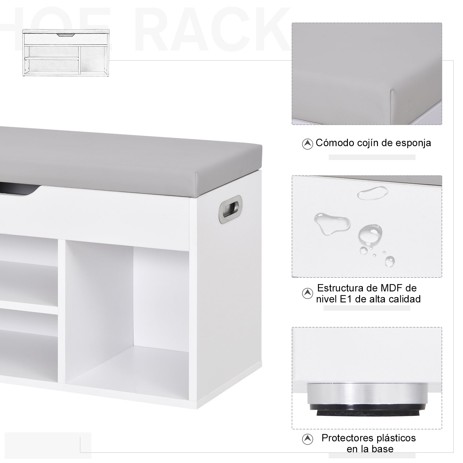 Sapateira com Assento Acolchoado 80x30x43cm - Branco