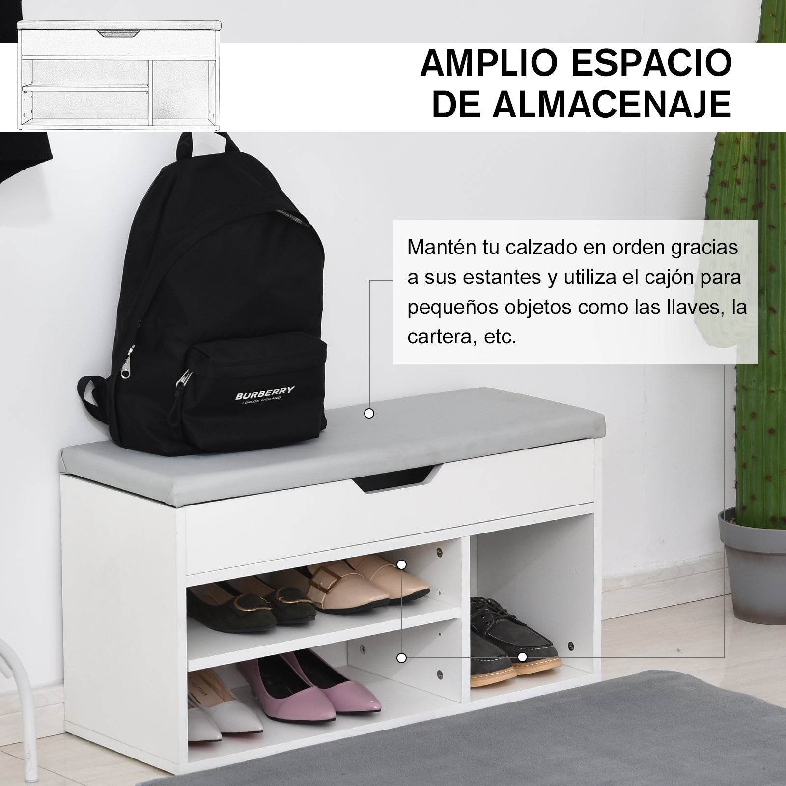 Sapateira com Assento Acolchoado 80x30x43cm - Branco