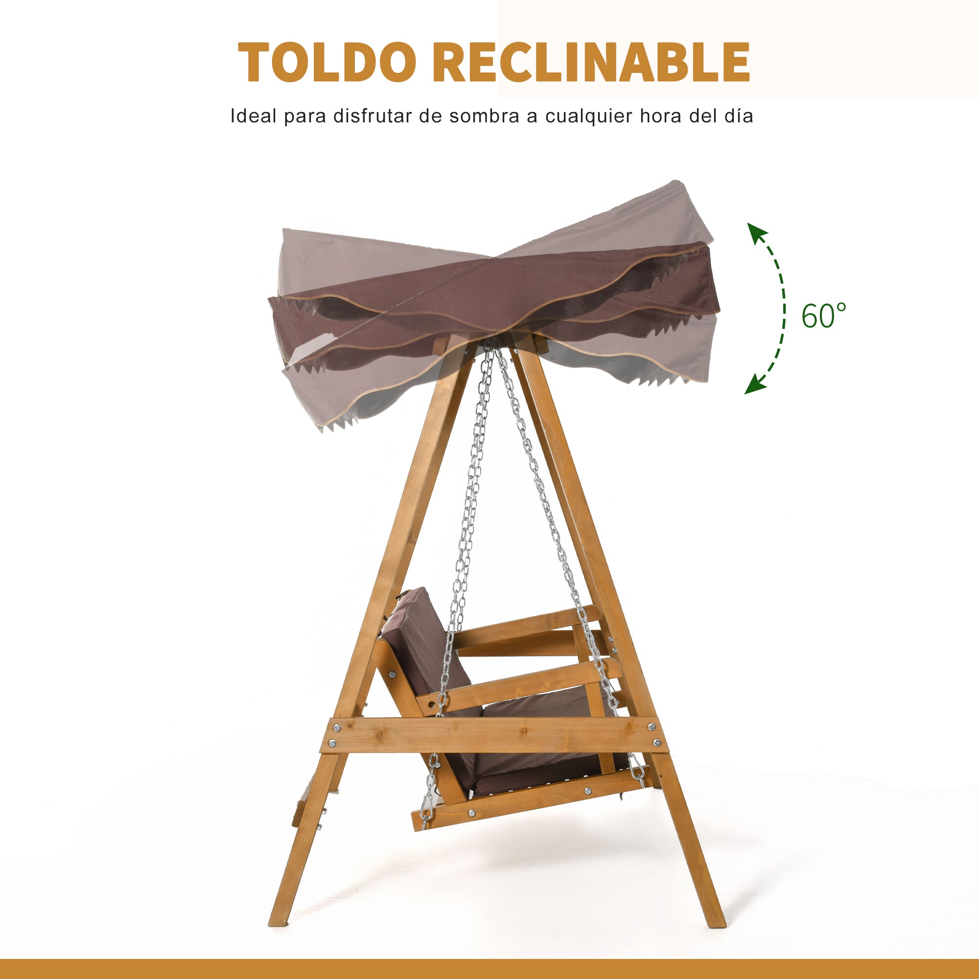 Balanço de Jardim de Madeira 3 Lugares com Toldo Ajustável 205x130x185 cm - Marrom