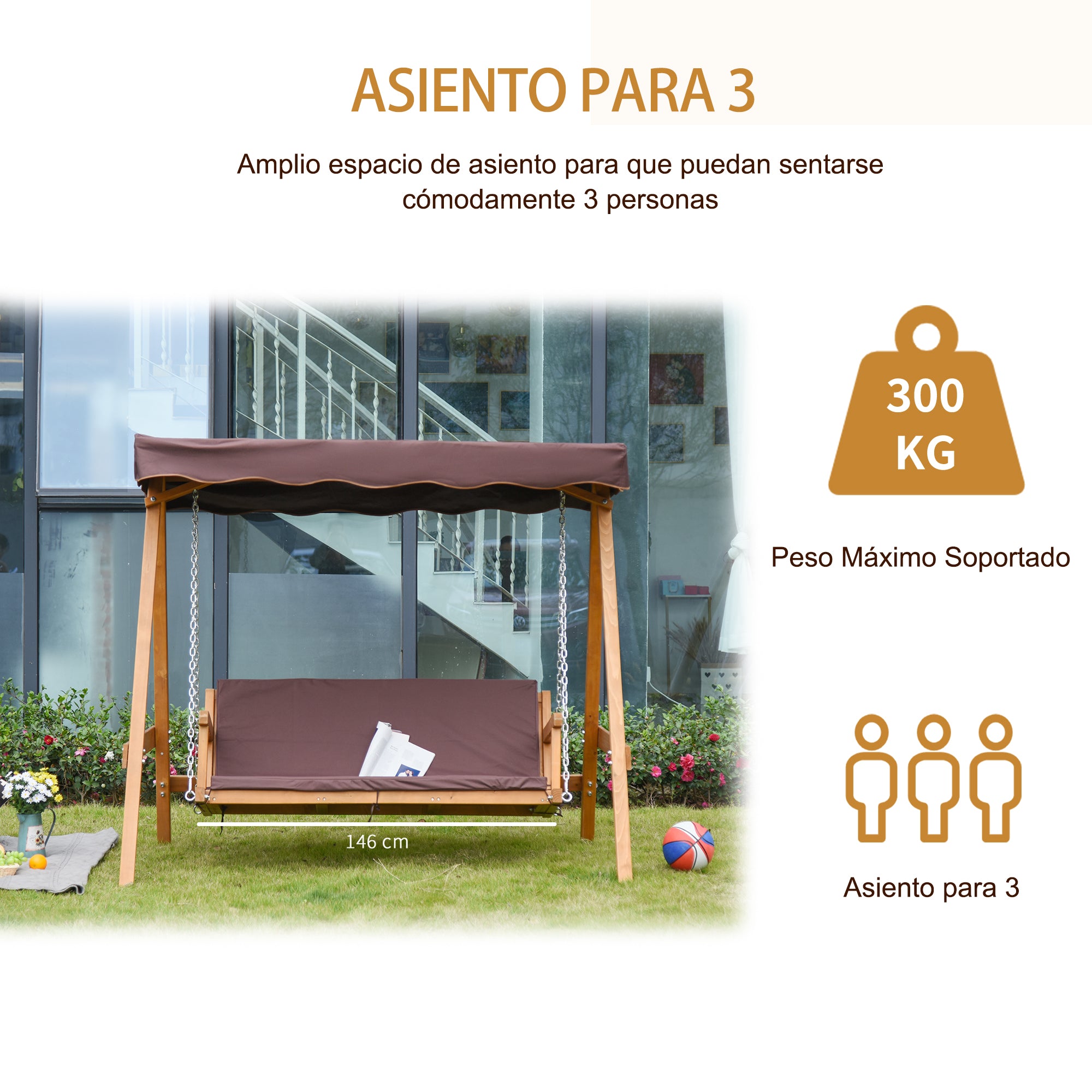 Balanço de Jardim de Madeira 3 Lugares com Toldo Ajustável 205x130x185 cm - Marrom