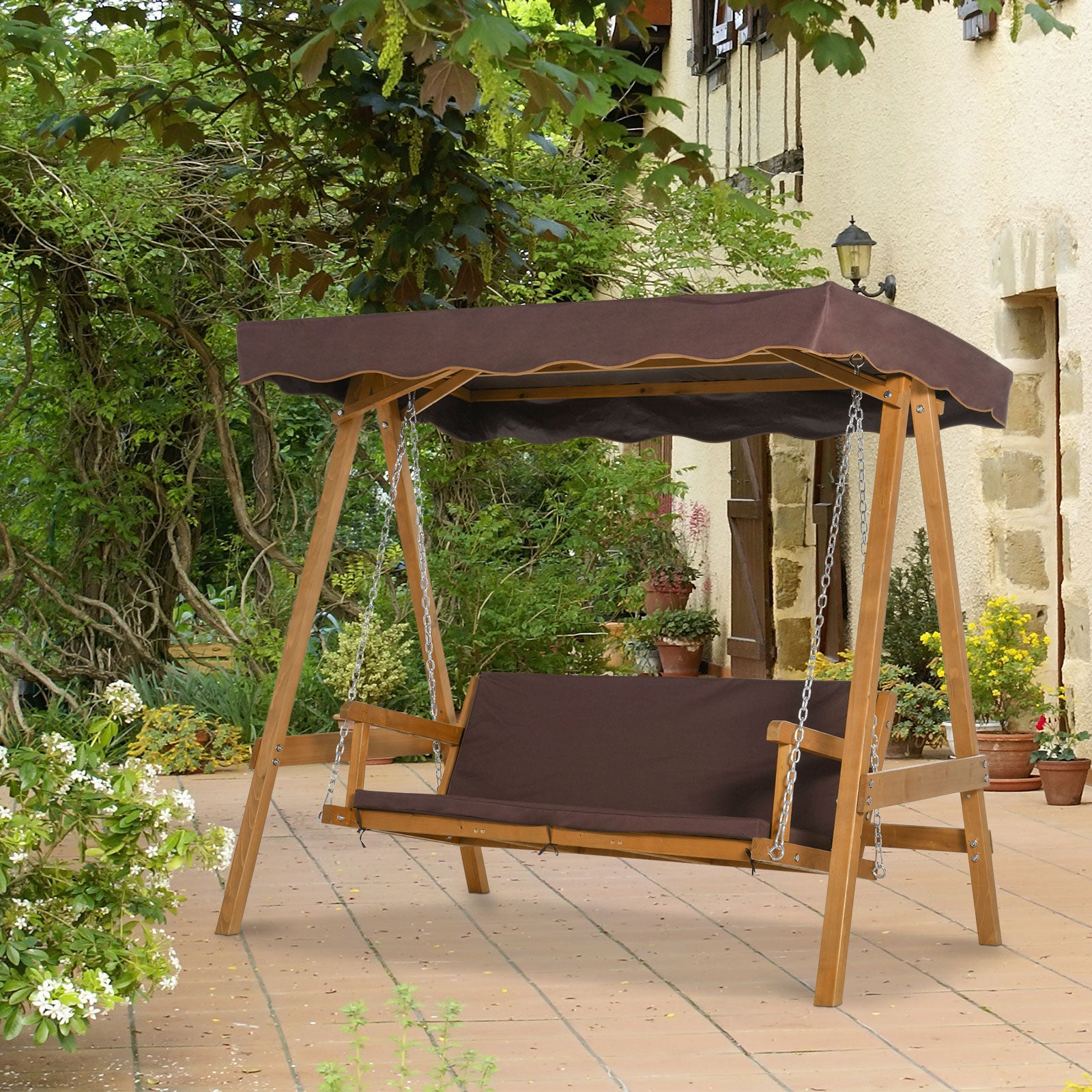 Balanço de Jardim de Madeira 3 Lugares com Toldo Ajustável 205x130x185 cm - Marrom