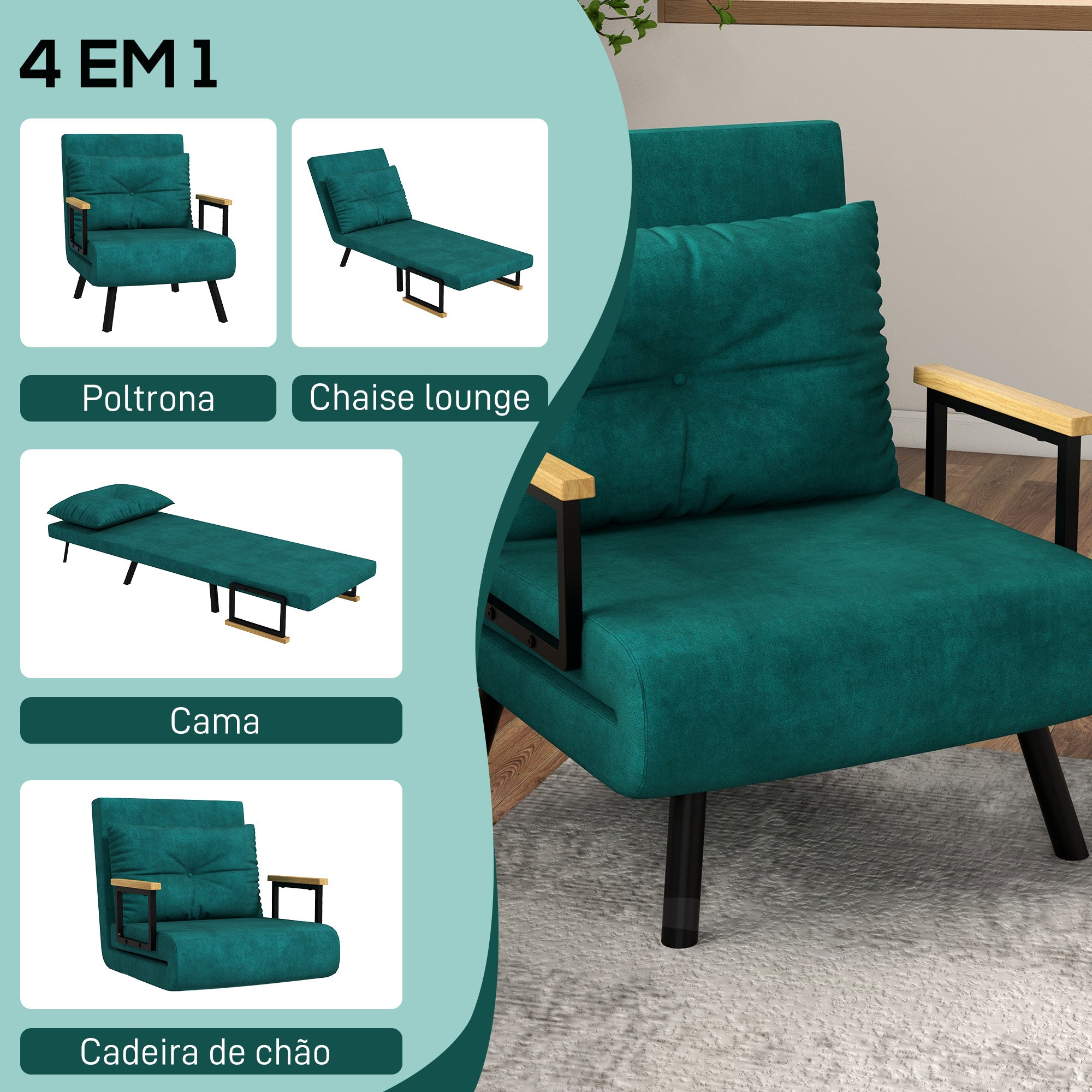 Poltrona Convertível em Cama Verde 63x73x81 cm
