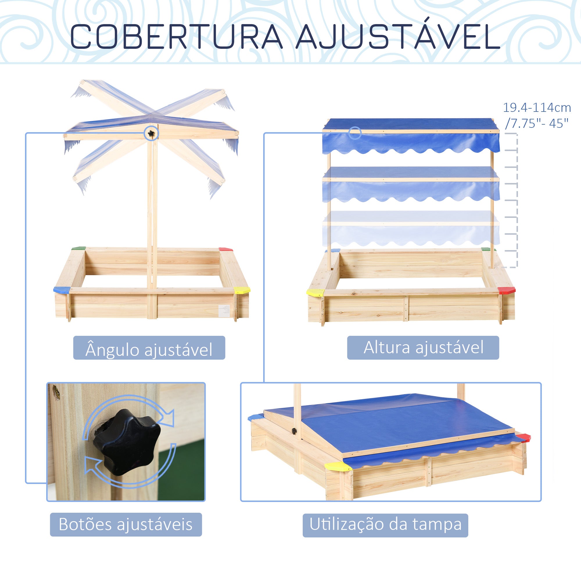 Caixa de Areia de Madeira para Crianças com Telhado Ajustável 120x120x120 cm - Cor Natural e Azul