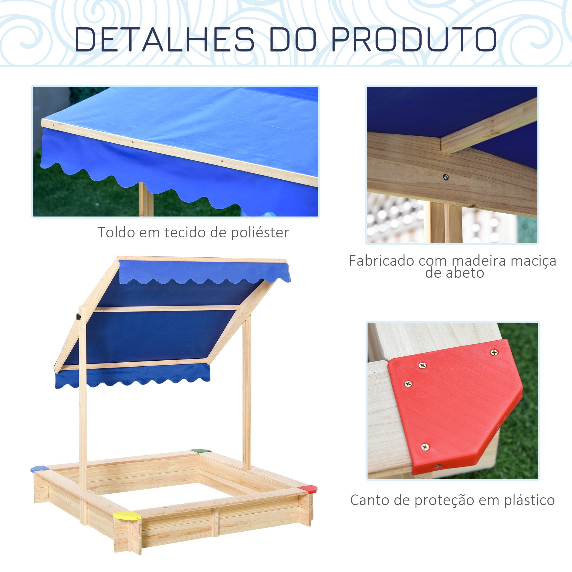 Caixa de Areia de Madeira para Crianças com Telhado Ajustável 120x120x120 cm - Cor Natural e Azul