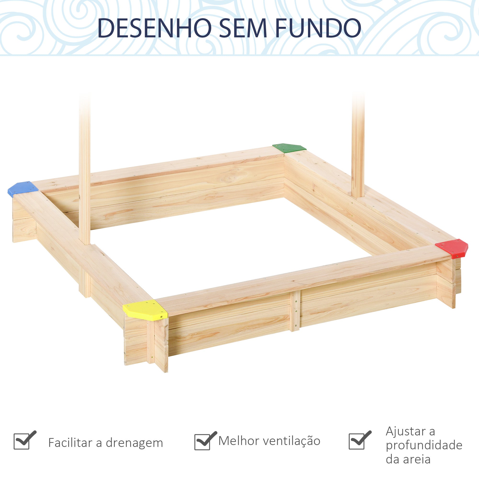 Caixa de Areia de Madeira para Crianças com Telhado Ajustável 120x120x120 cm - Cor Natural e Azul
