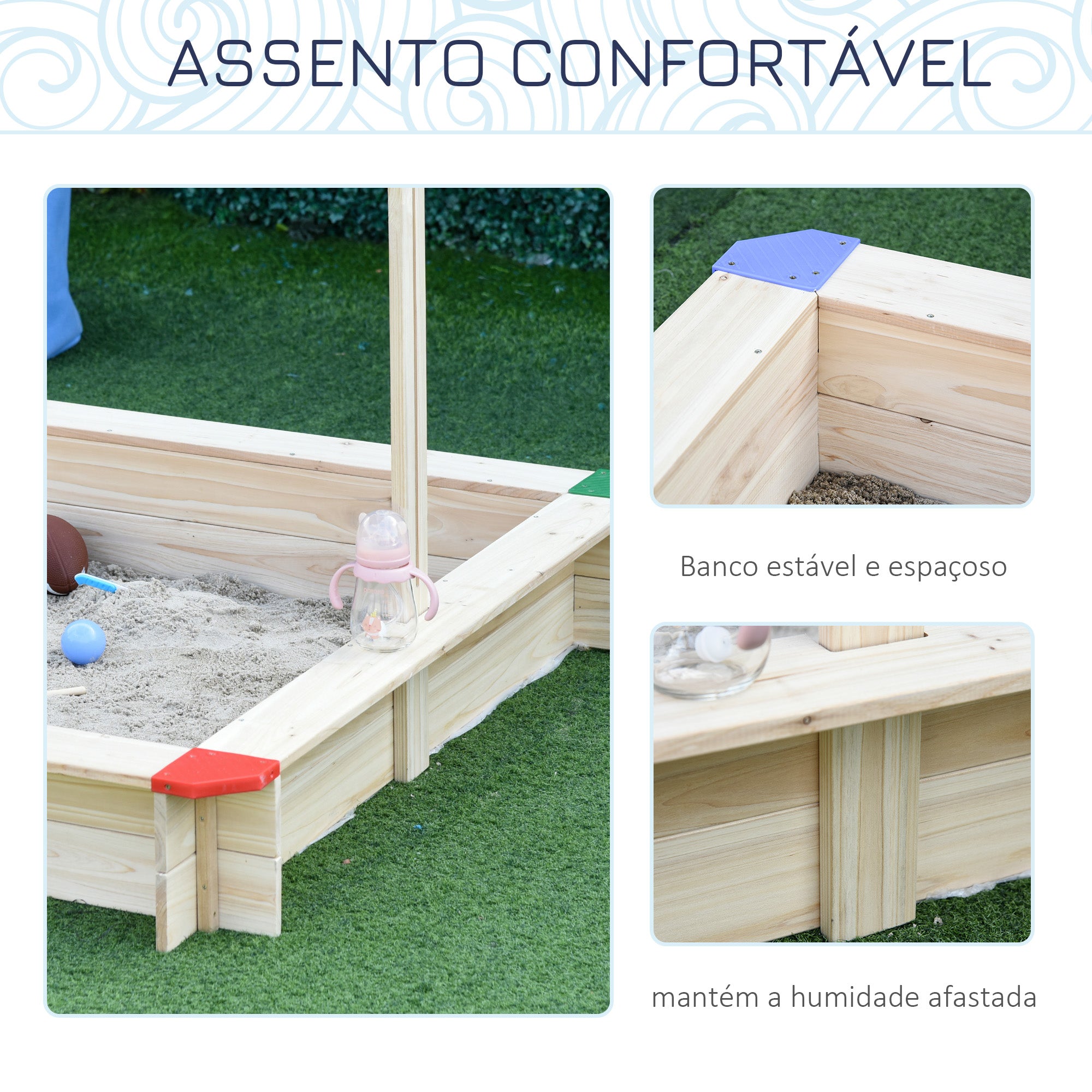 Caixa de Areia de Madeira para Crianças com Telhado Ajustável 120x120x120 cm - Cor Natural e Azul