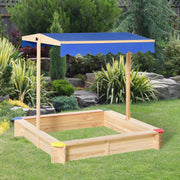 Caixa de Areia de Madeira para Crianças com Telhado Ajustável 120x120x120 cm - Cor Natural e Azul