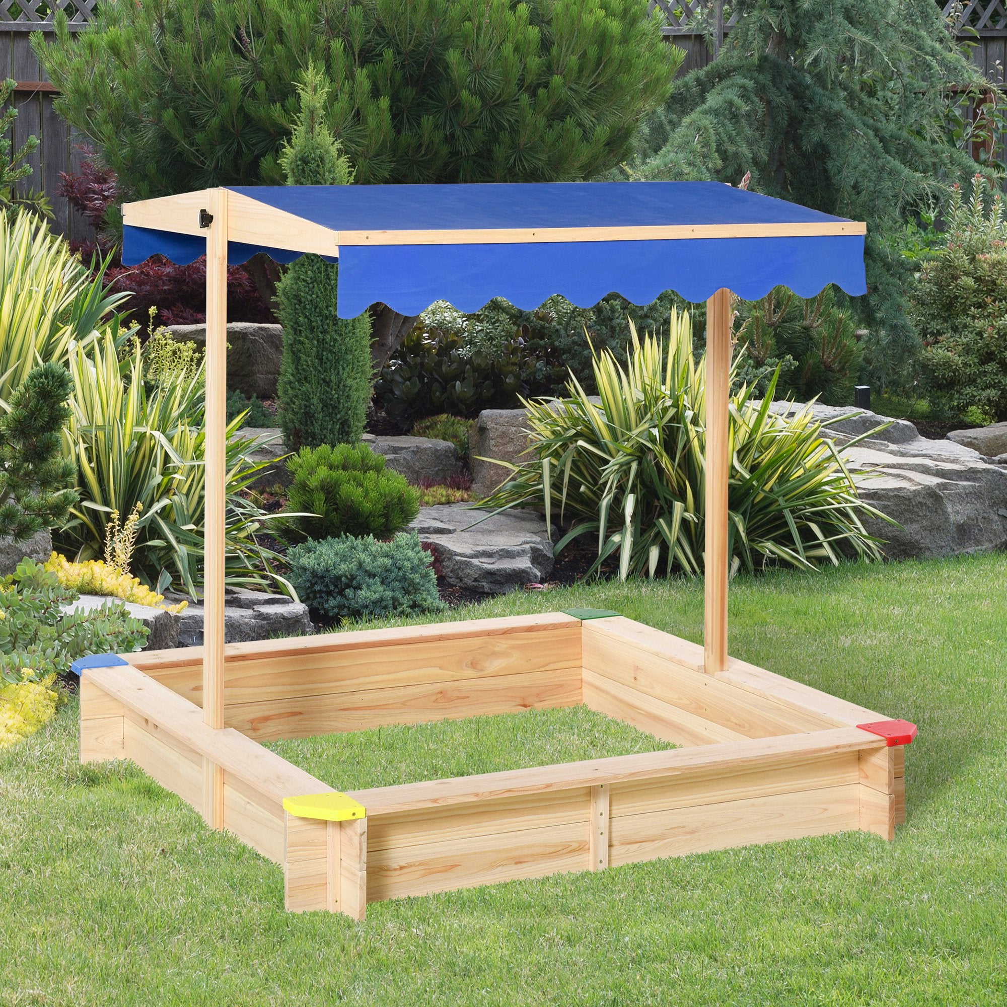 Caixa de Areia de Madeira para Crianças com Telhado Ajustável 120x120x120 cm - Cor Natural e Azul