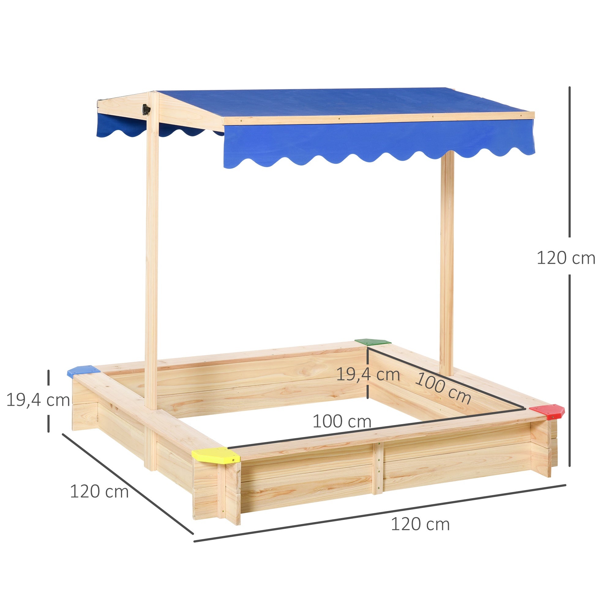 Caixa de Areia de Madeira para Crianças com Telhado Ajustável 120x120x120 cm - Cor Natural e Azul