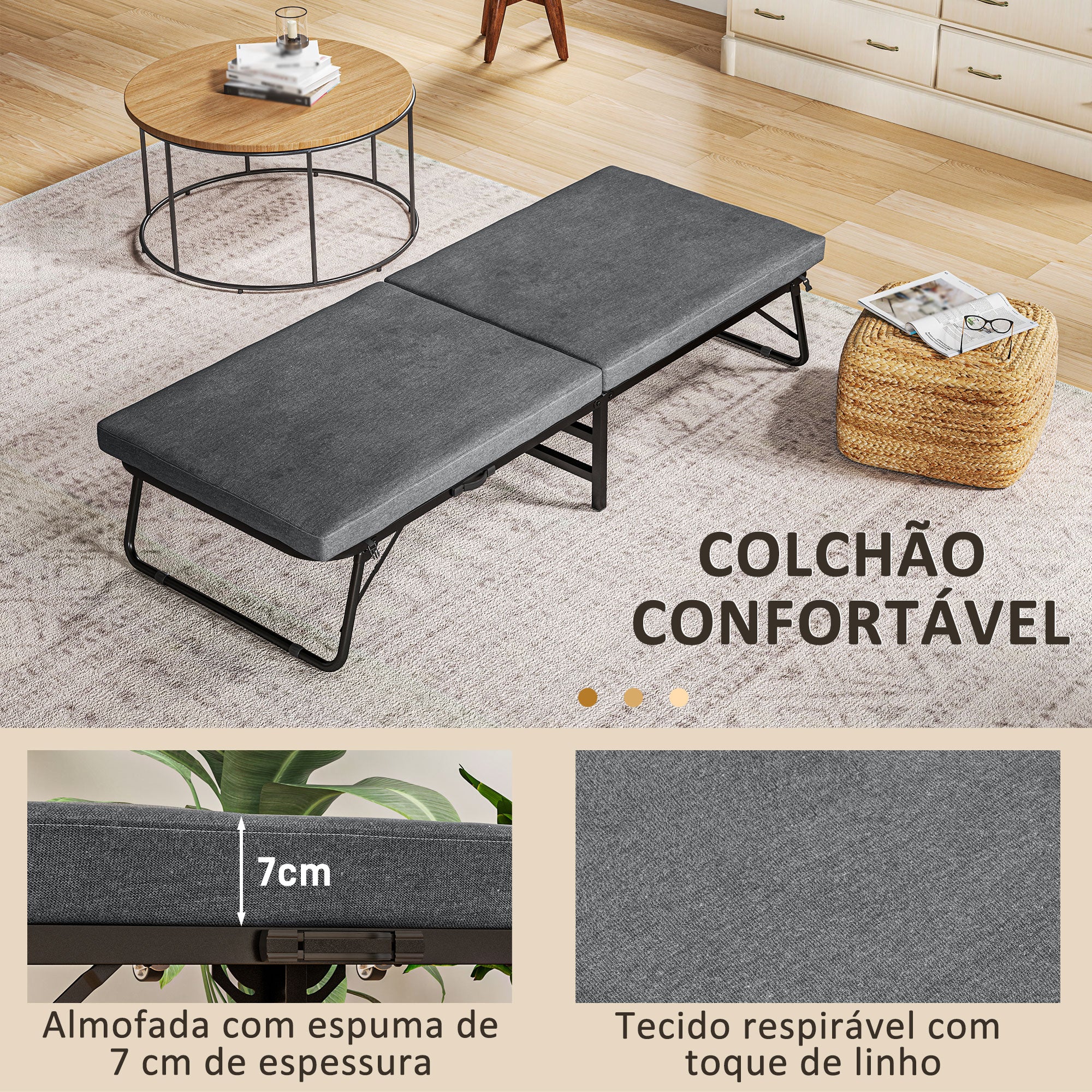 Cama Dobrável Cinza 180x70x38 cm com Encosto Ajustável em 5 Posições