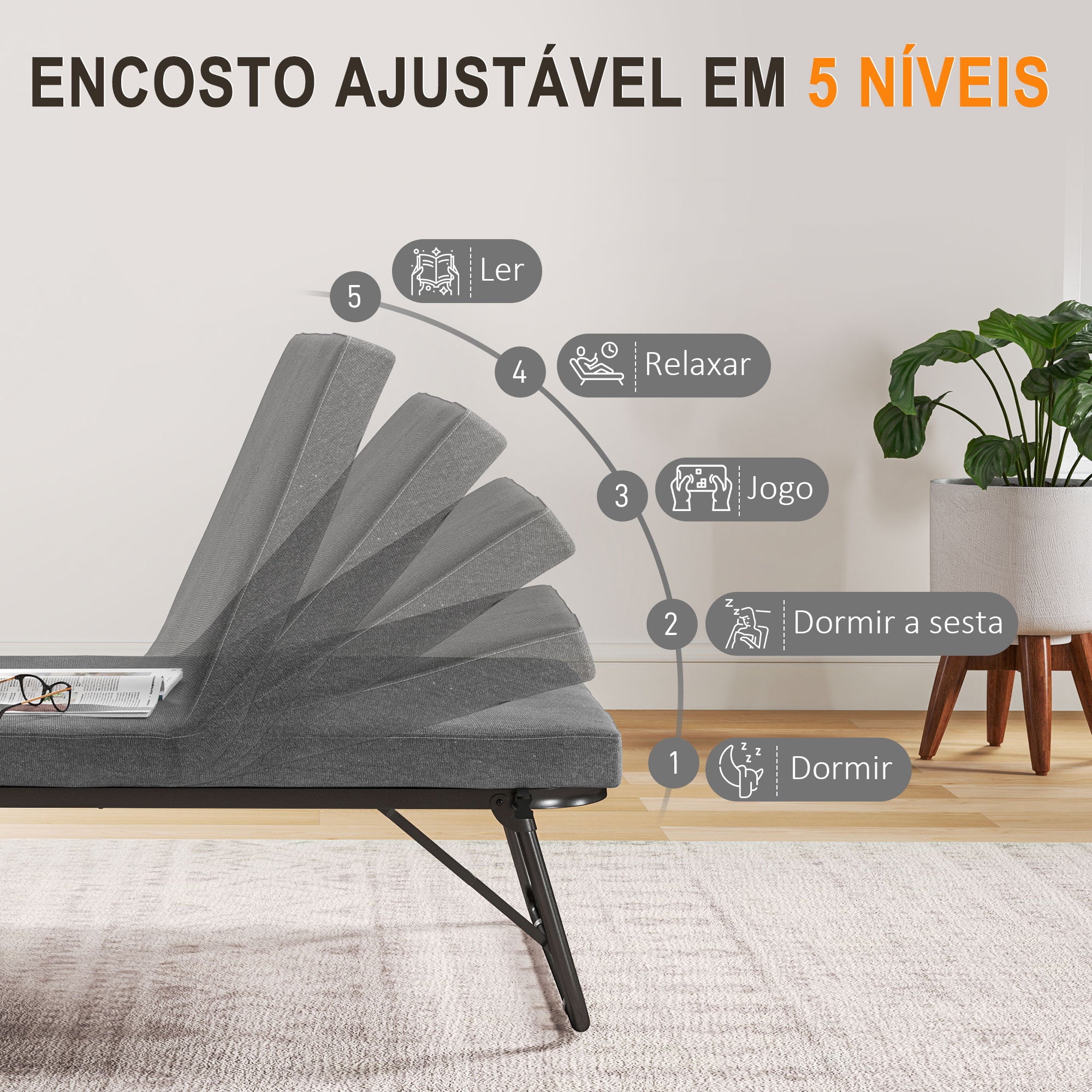 Cama Dobrável Cinza 180x70x38 cm com Encosto Ajustável em 5 Posições