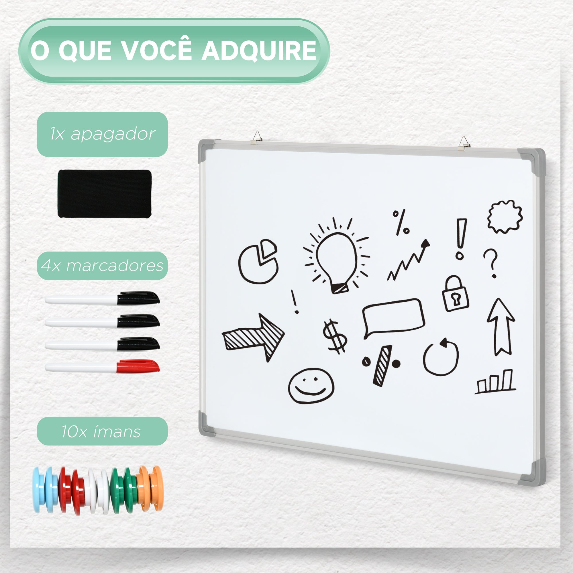 Quadro Magnético Branco 90x60 cm com Estrutura de Liga de Alumínio