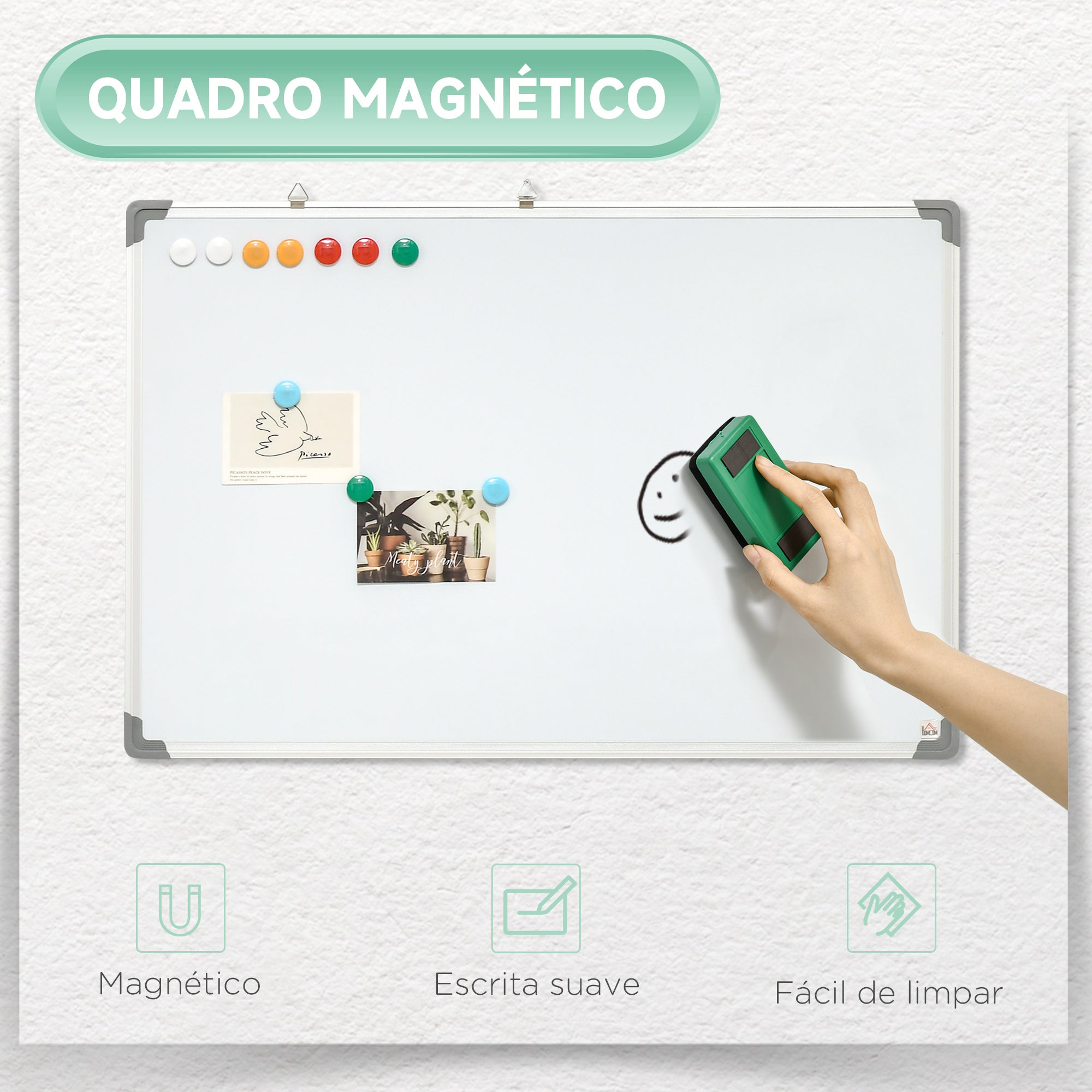 Quadro Magnético Branco 90x60 cm com Estrutura de Liga de Alumínio