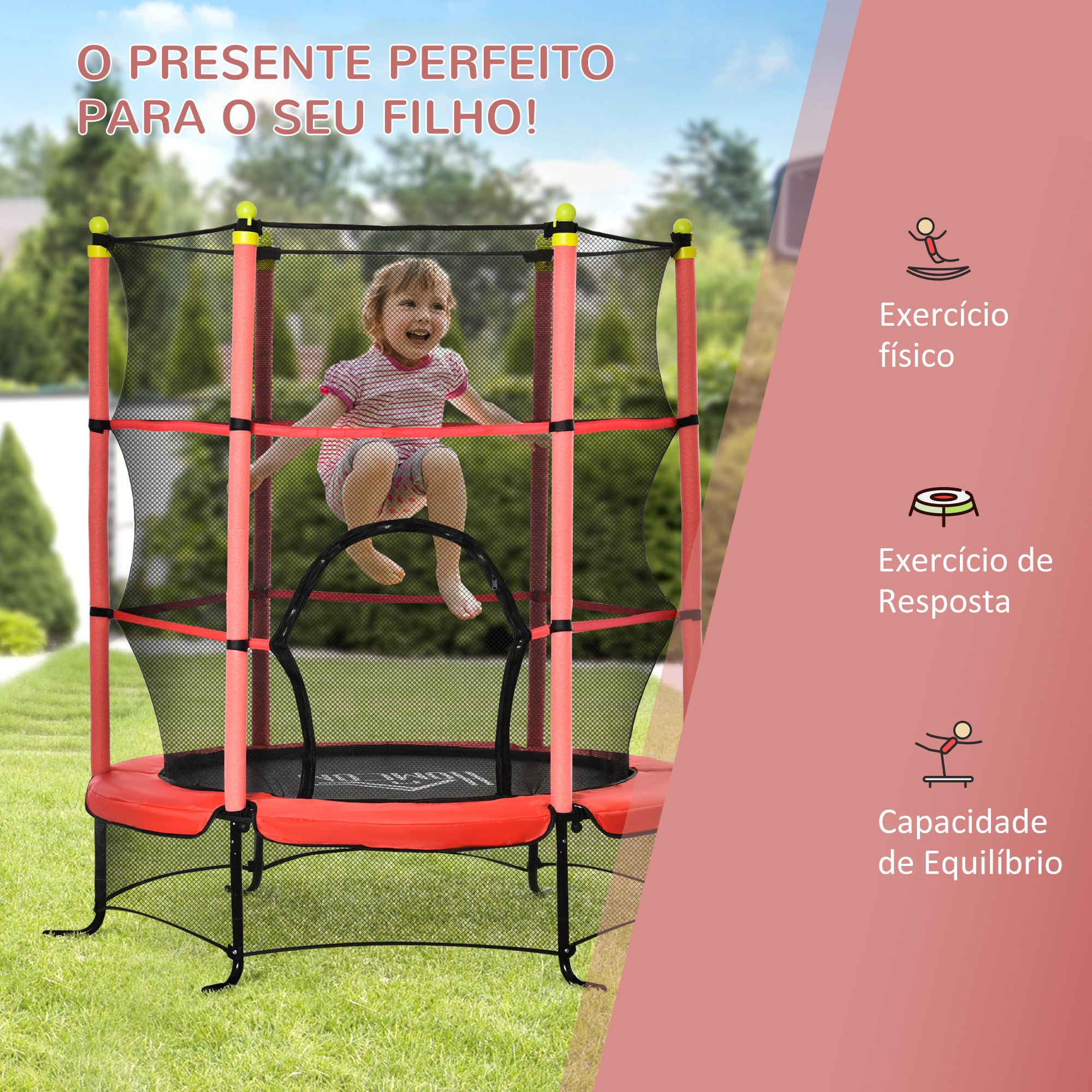 Trampolim Infantil Vermelho 163x163x163 cm com Rede de Segurança