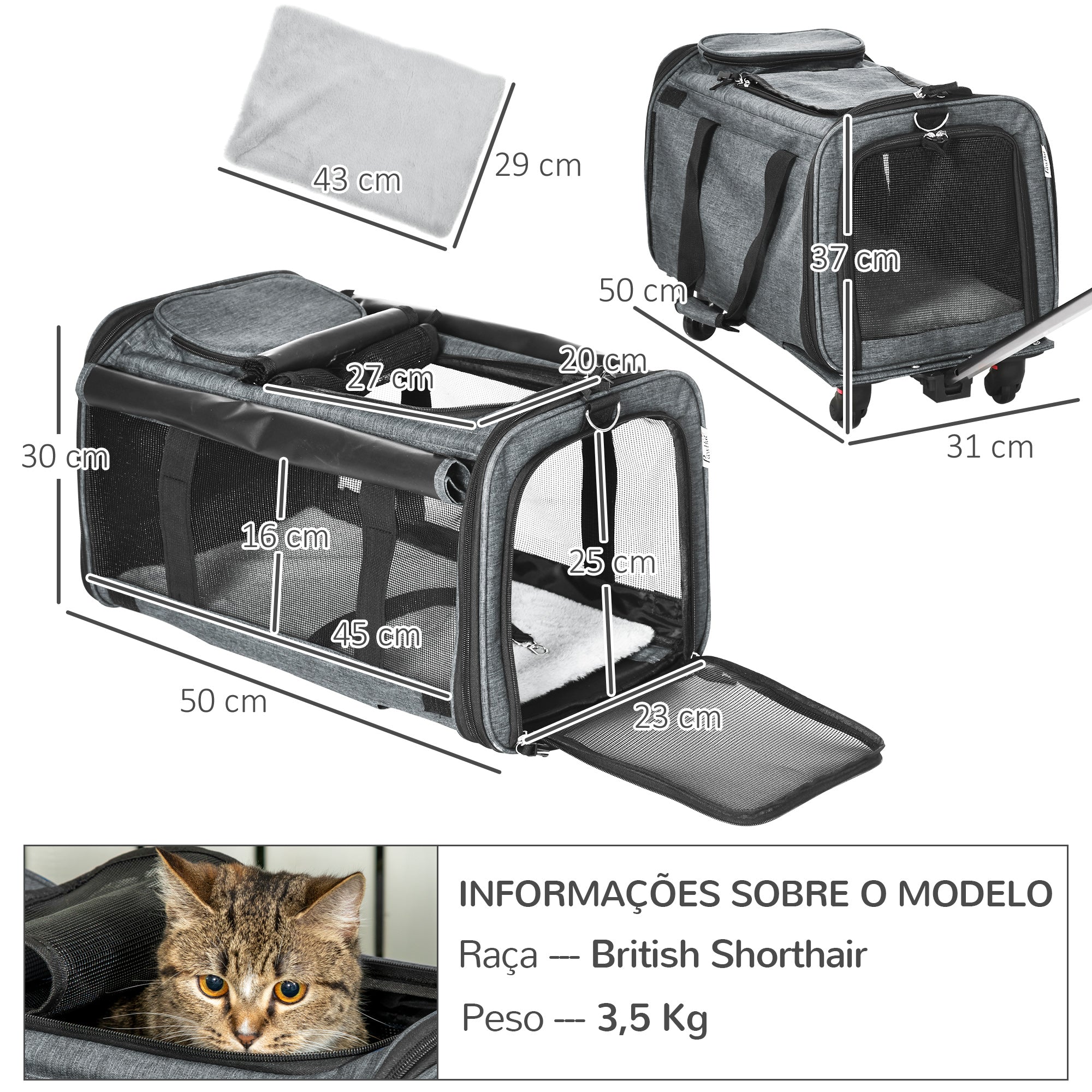 Transportadora 4 em 1 com Rodas 50x31x37 cm Cinzento