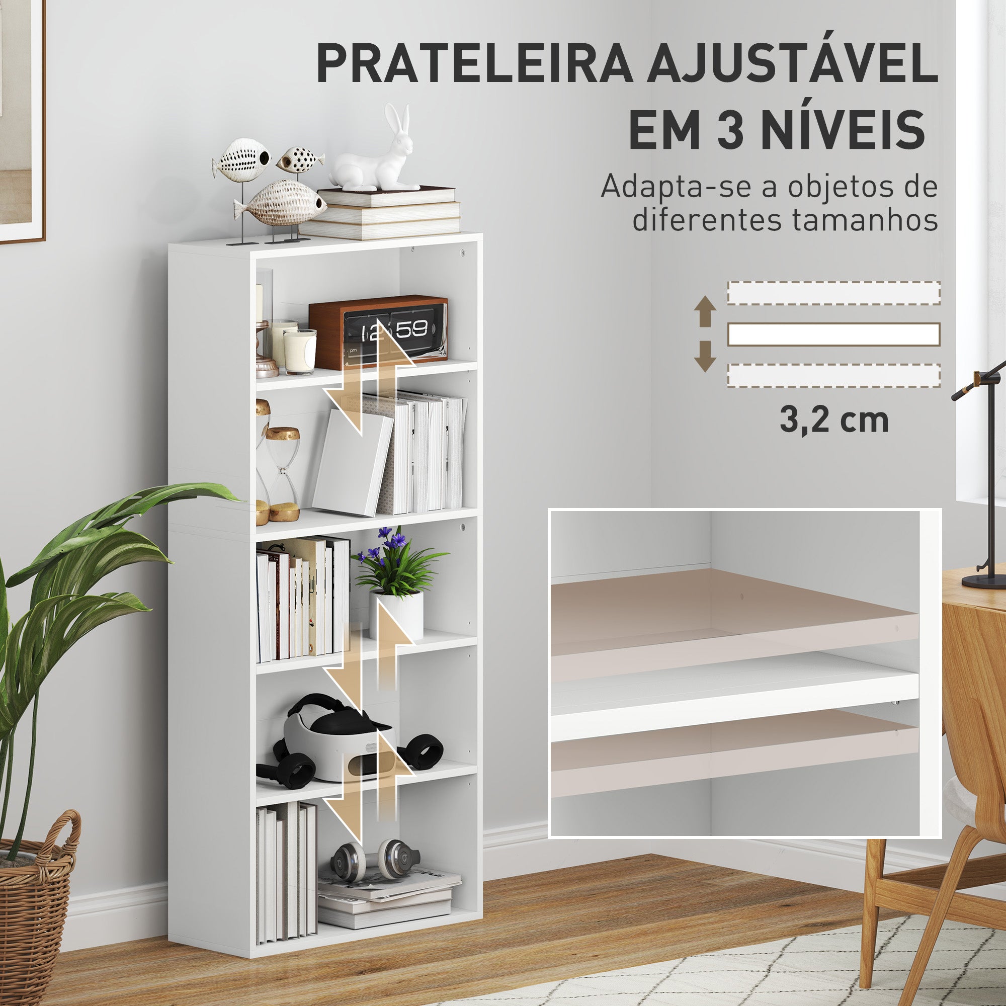 Estante de 5 Níveis Branca para Livros com Prateleiras Ajustáveis 60x24x133,5 cm