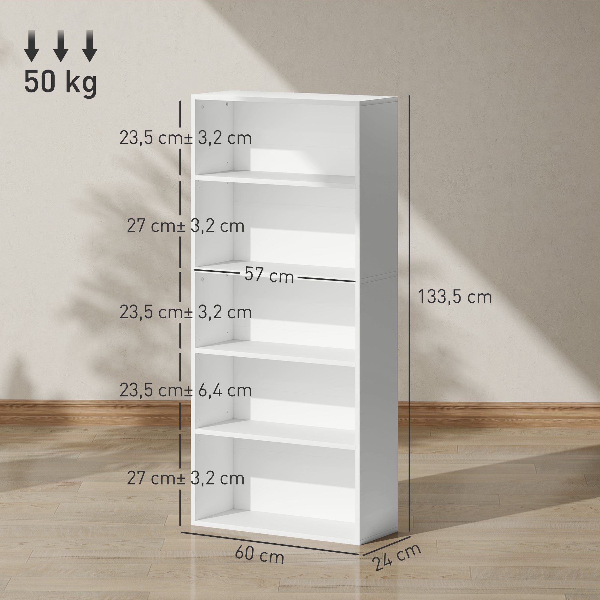 Estante de 5 Níveis Branca para Livros com Prateleiras Ajustáveis 60x24x133,5 cm