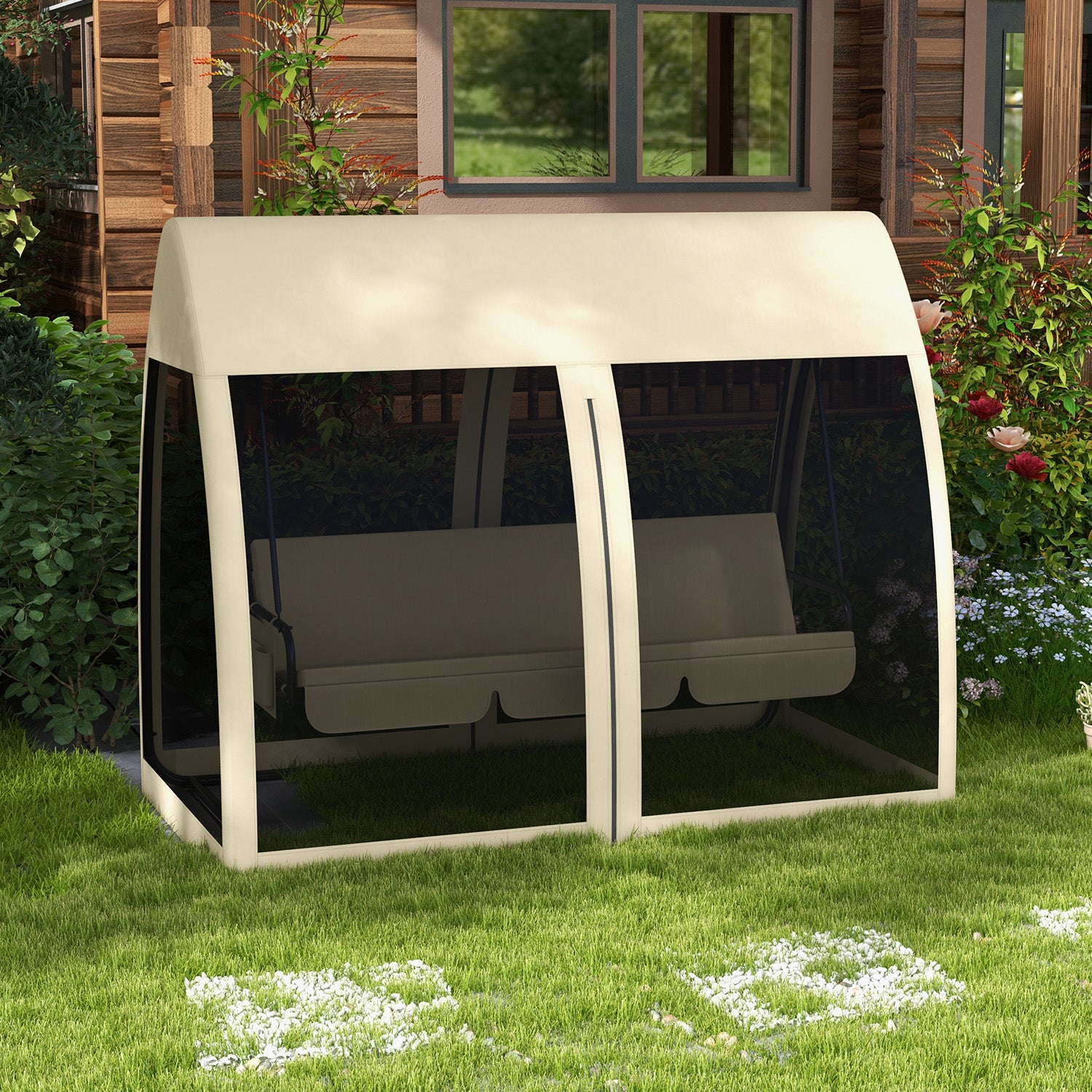 Baloiço de Jardim 3 Lugares Convertível em Cama 240x140x197 cm - Creme Branco