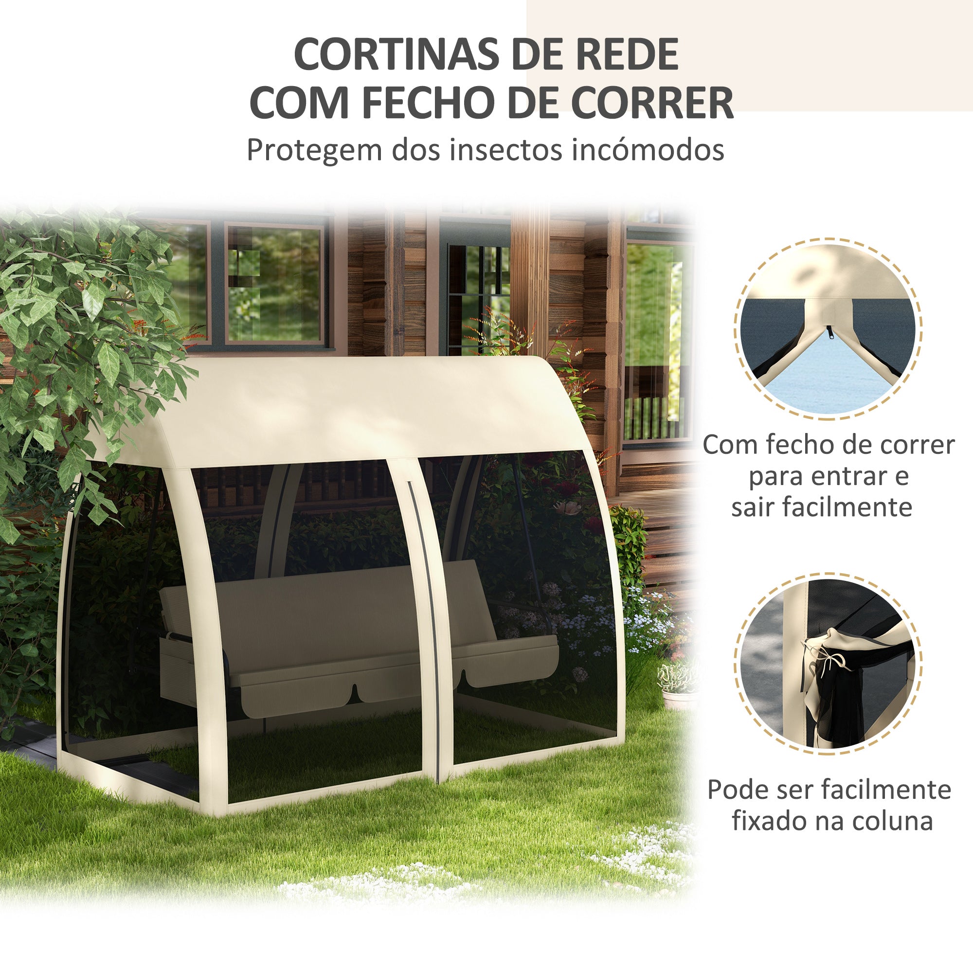 Baloiço de Jardim 3 Lugares Convertível em Cama 240x140x197 cm - Creme Branco