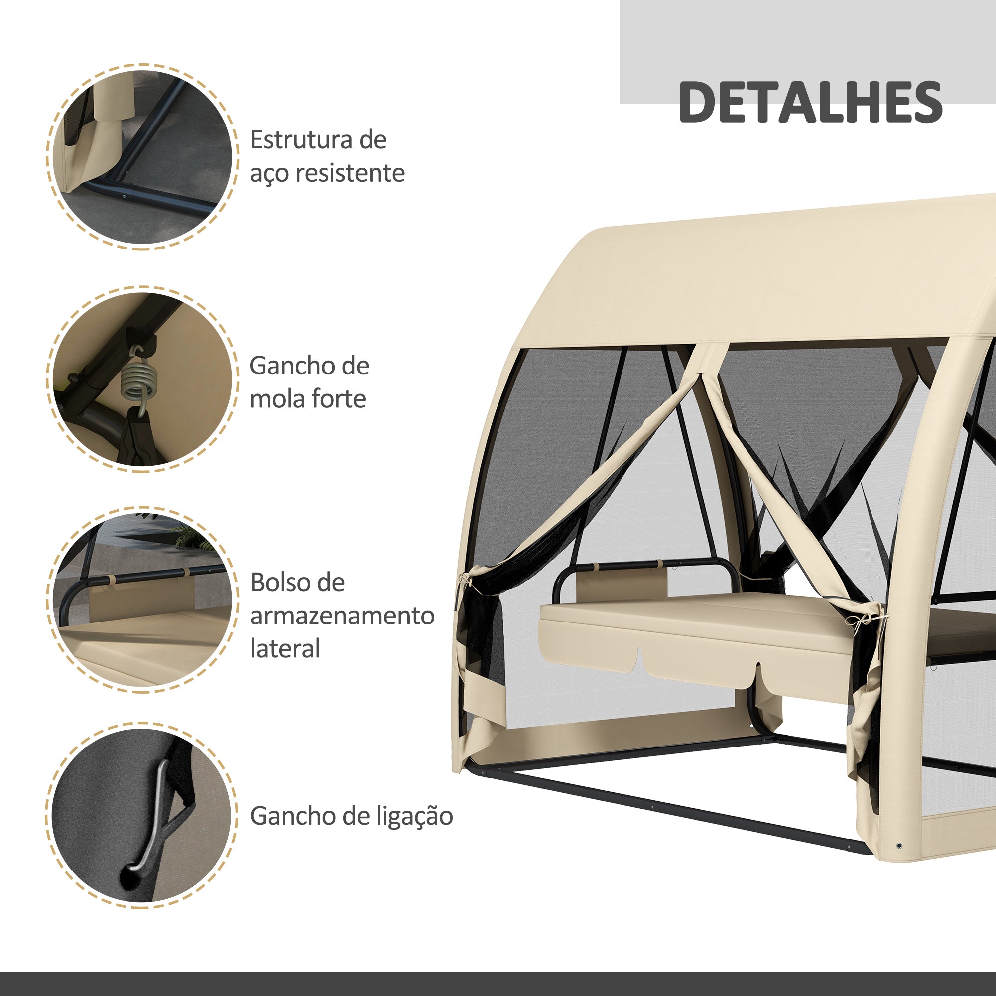 Baloiço de Jardim 3 Lugares Convertível em Cama 240x140x197 cm - Creme Branco