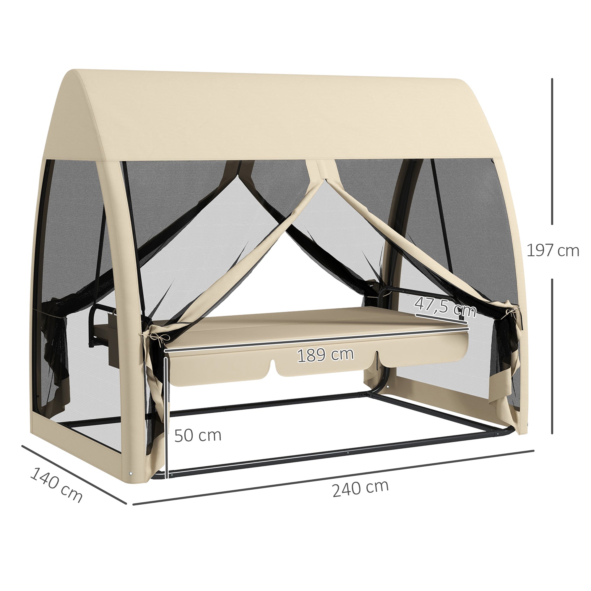 Baloiço de Jardim 3 Lugares Convertível em Cama 240x140x197 cm - Creme Branco